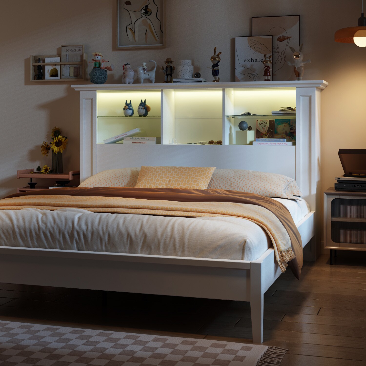 Premium Photo  Bedroom with white capitone headboard glass shelves with  messages