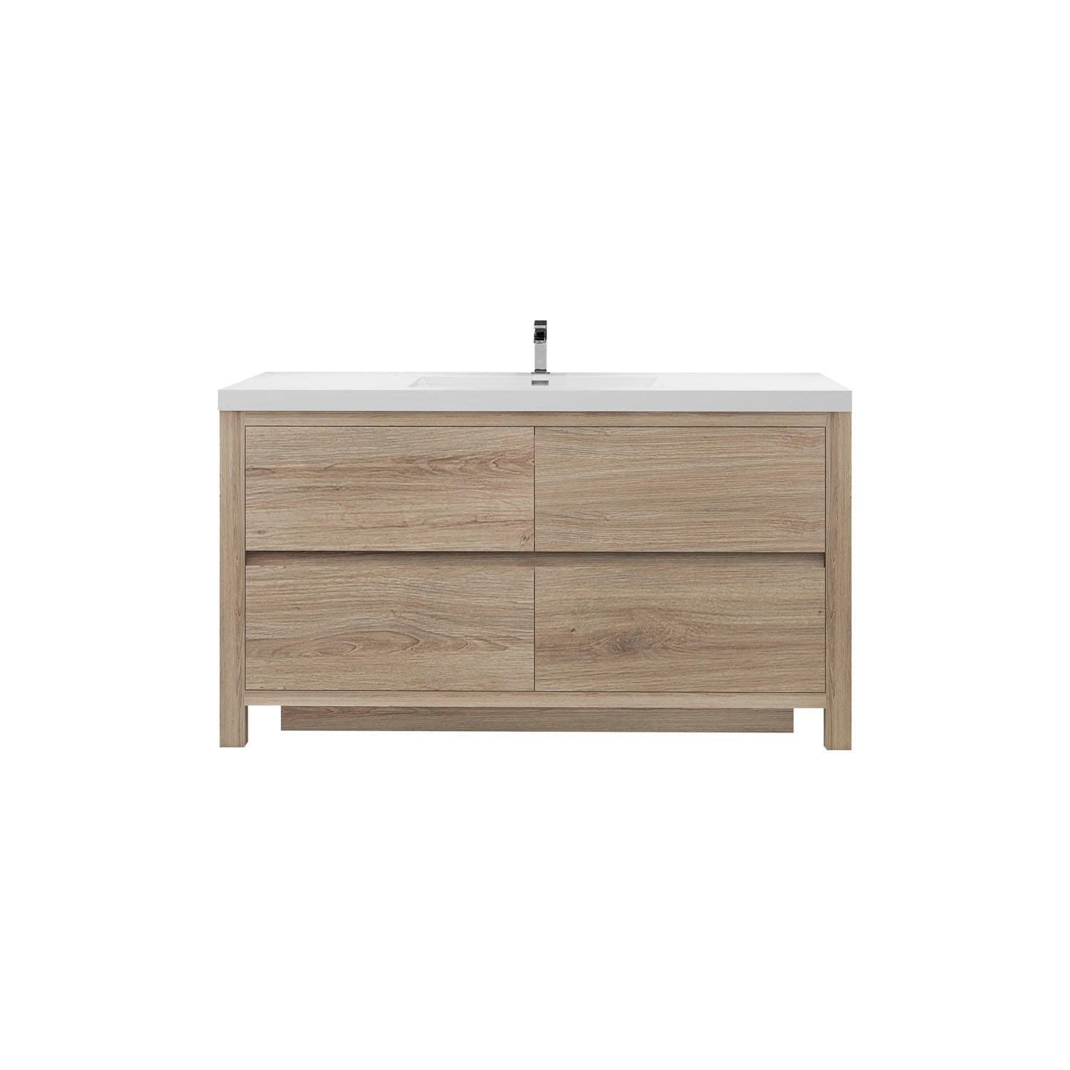 Wooden vanity with white countertop and integrated sink