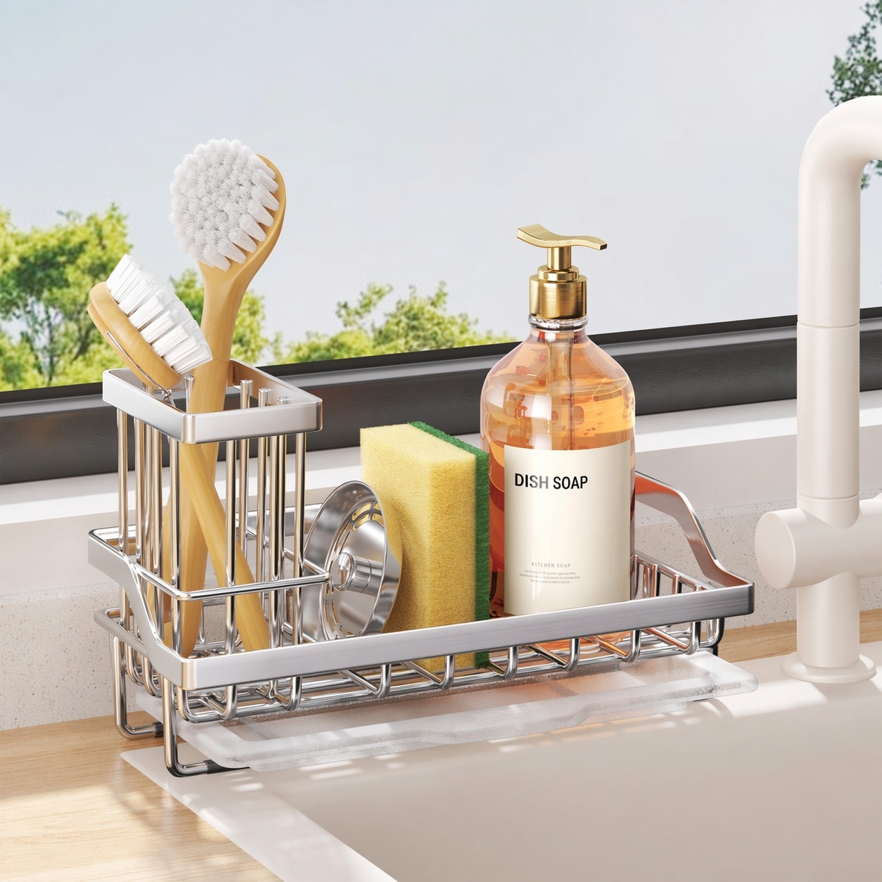 Yichuhaoxi  Stainless Steel Sink Caddy Kitchen Sponge Holder with Dish Brush Organizer Removable Drip Tray Rustproof Silver for Countertop Storage
