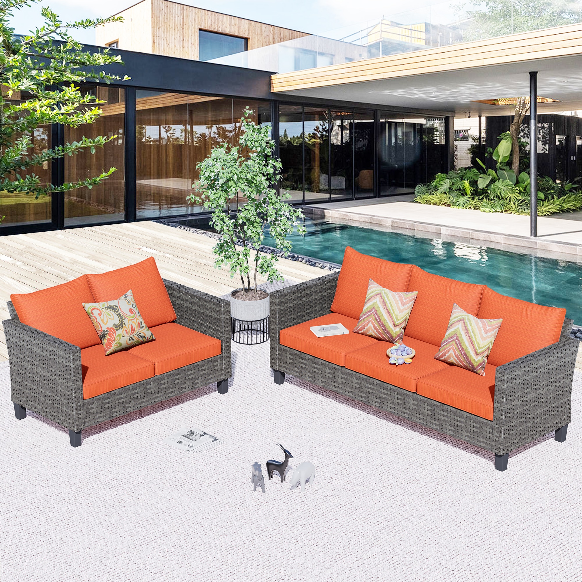 Ovios GRS800-6 2 -Piece Wicker Patio Sofa Conversation Set with Orange Cushions