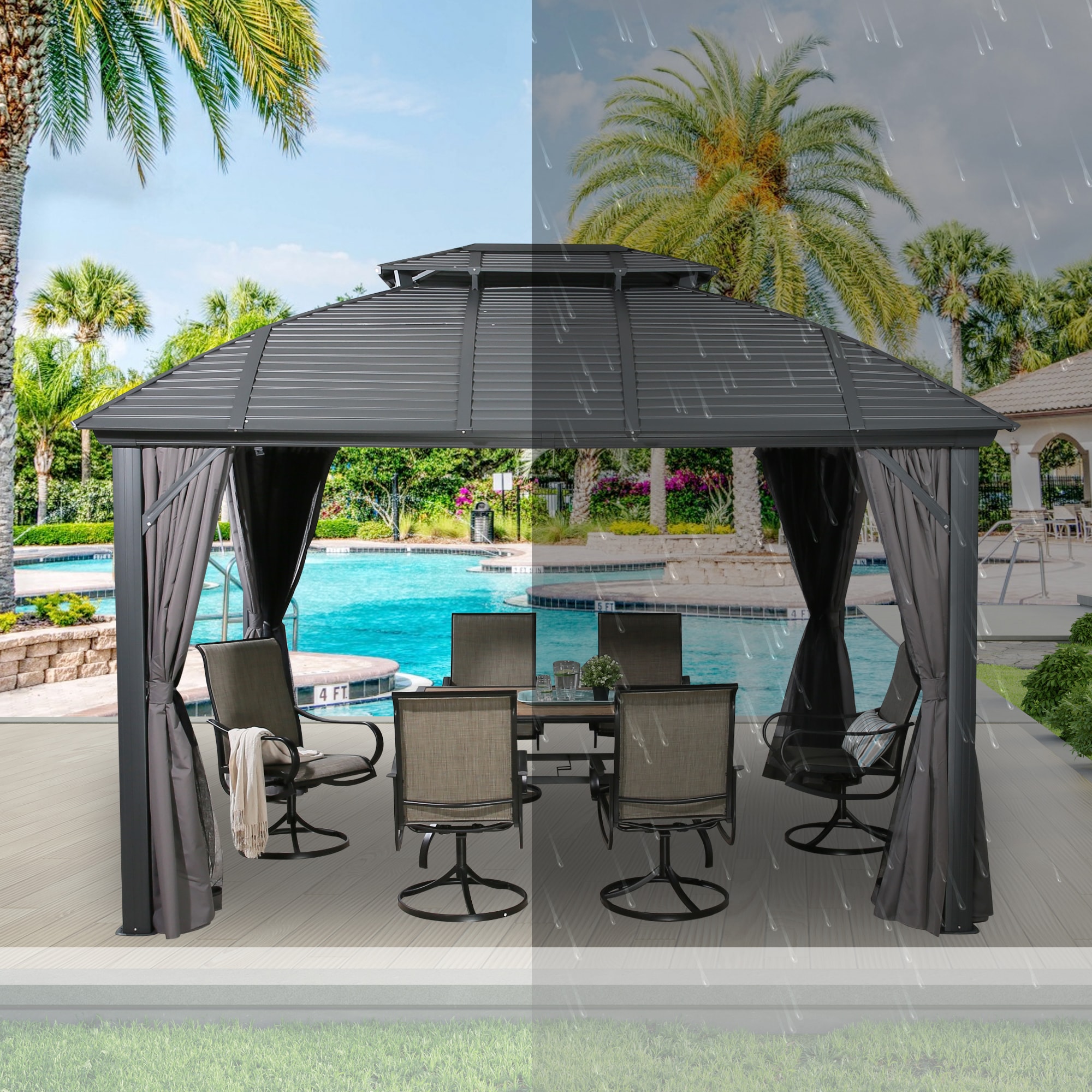 10x12 FT Gray Aluminum Frame Hardtop Gazebo with Curtains