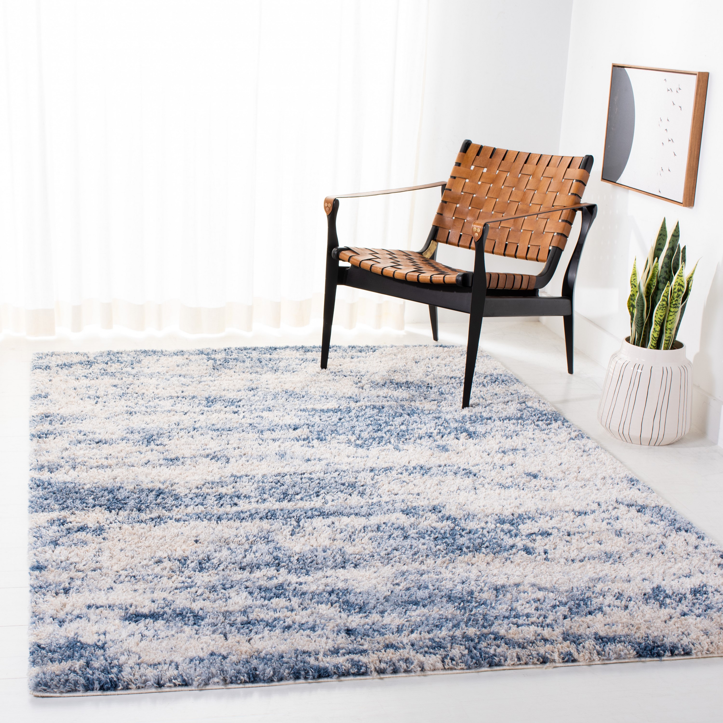 Safavieh BER219B-5 Berber Montage Shag 5 x 8 (ft) Loomed Polypropylene Beige/Blue Rectangular Indoor Abstract Industrial Area rug