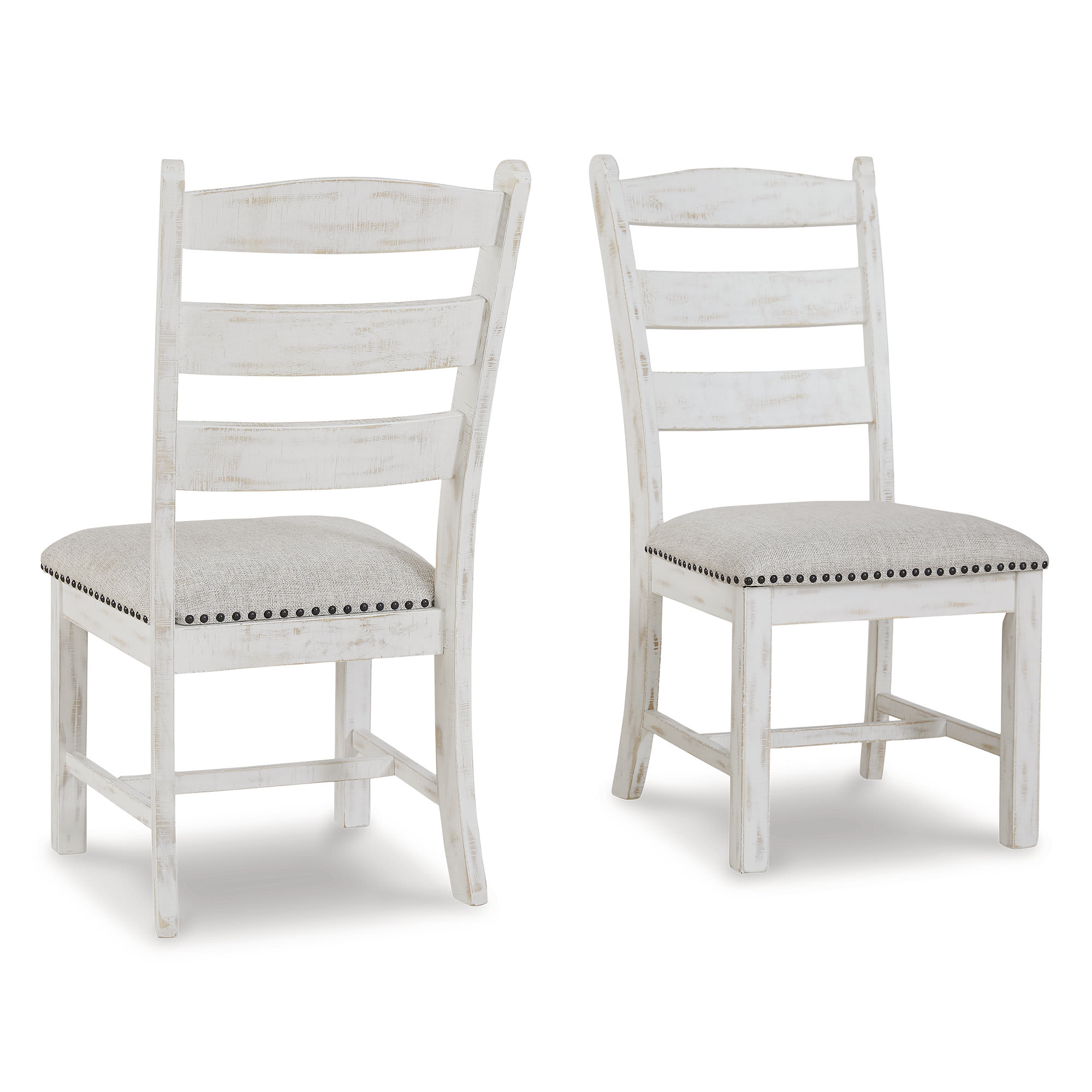 Signature Design by Ashley D546-01 Valebeck Distressed Vintage White Ladderback Dining Chair with Linen Upholstery and Nailhead Trim
