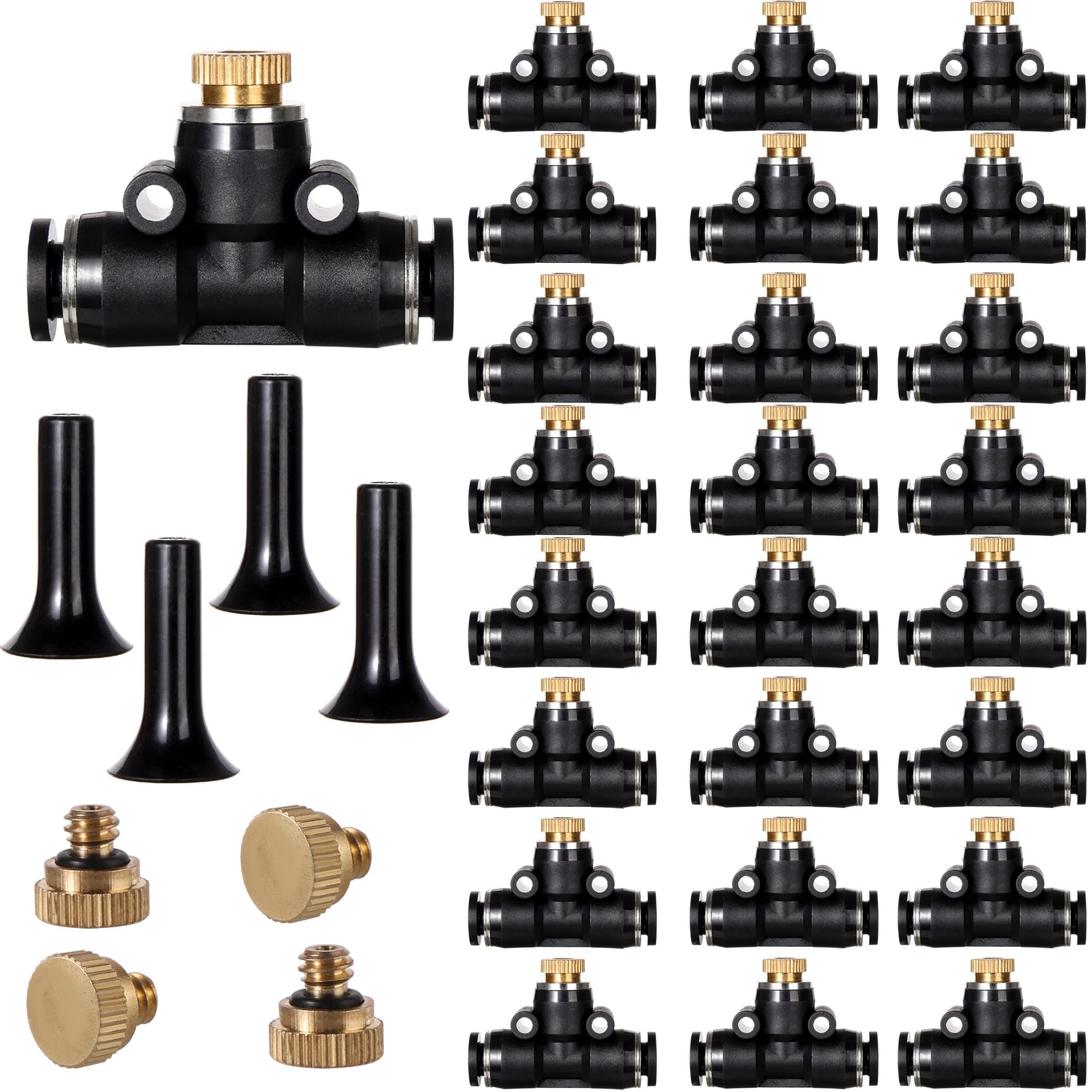 Aoibox  24 Pack Brass Misting Nozzles Outdoor Cooling System Kit with Tees and Plugs for 1 4 in Garden Irrigation Tubing
