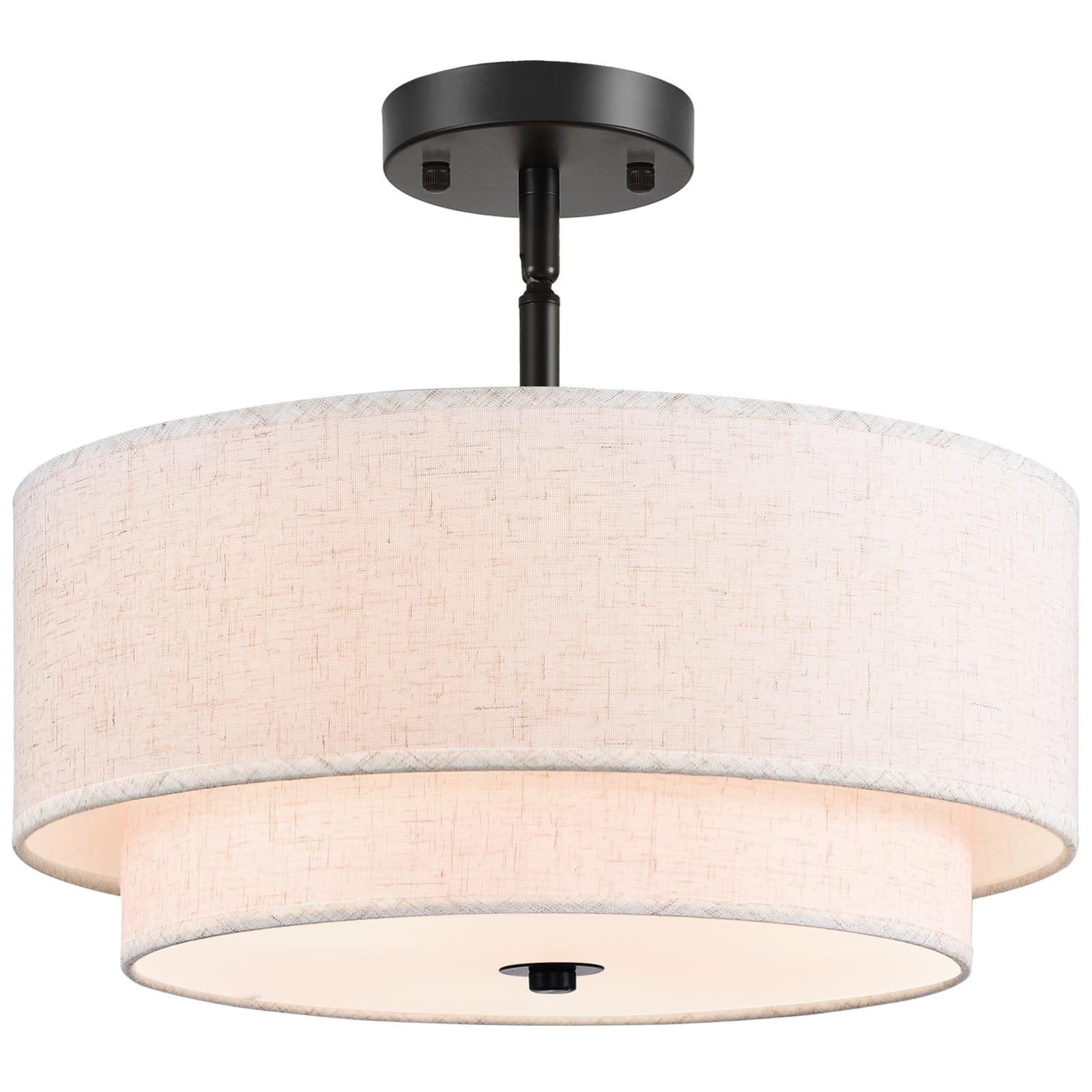 Oyezvary  16 Inch Black Semi Flush Mount Ceiling Light 3 Light Double Drum Beige Linen Shade Swivel Canopy for Sloped or Flat Ceiling 1 Piece