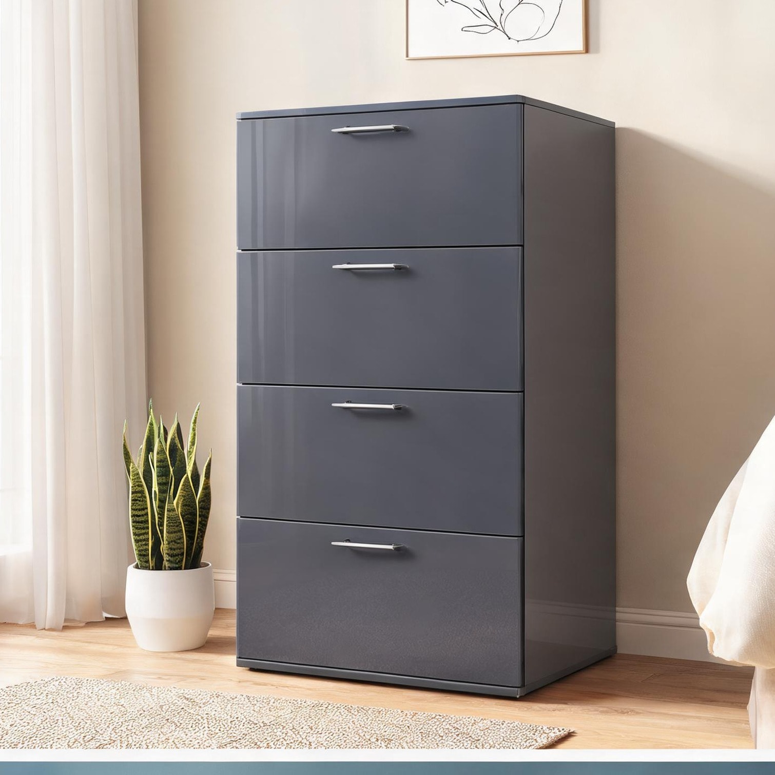 SUNCREAT Solid Wood Double Dresser with Glossy Gray Finish and Four Extra-Deep Drawers for Bedroom Storage