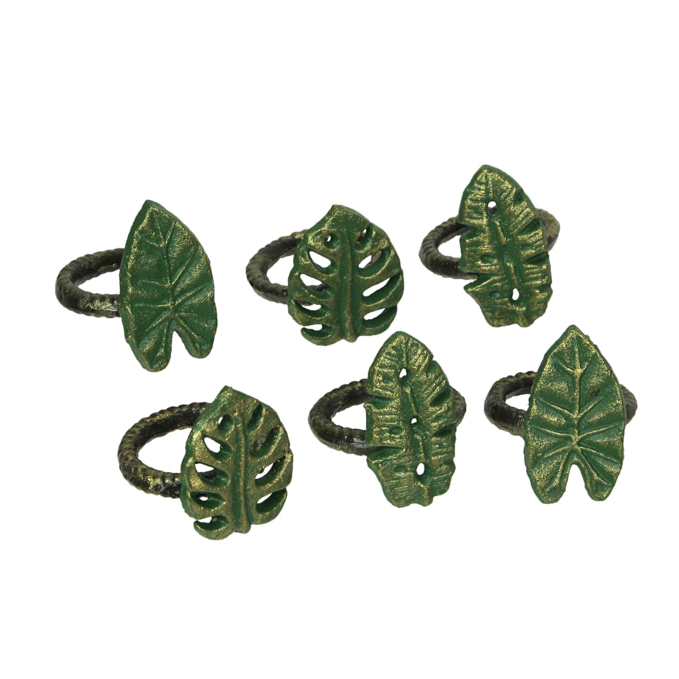 Zeckos Set of 6 Exquisite Verdigris Green and Bronze Finish Cast Iron Tropical Leaf Napkin Rings for Elegant Dining Decor- 2.25 Inches- Rustic Table Decorations #ZKO-99265