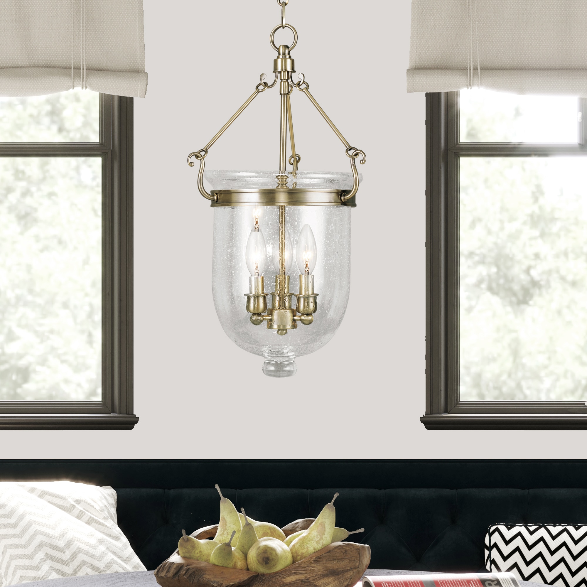 Antique Brass Seeded Glass 3-Light Jar Pendant for Indoor/Outdoor