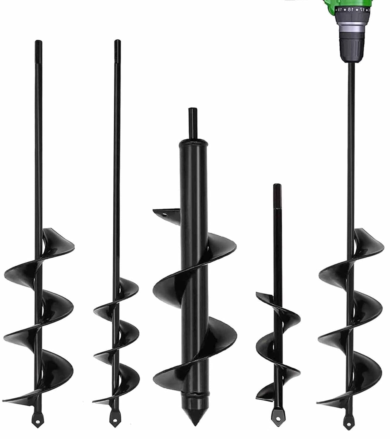 Etokfoks  4 pack garden auger spiral drill bits heavy duty steel set with 1 6 x 9 in 1 6 x 16 5 in 3 x 16 5 in and 3 x 12 in sizes