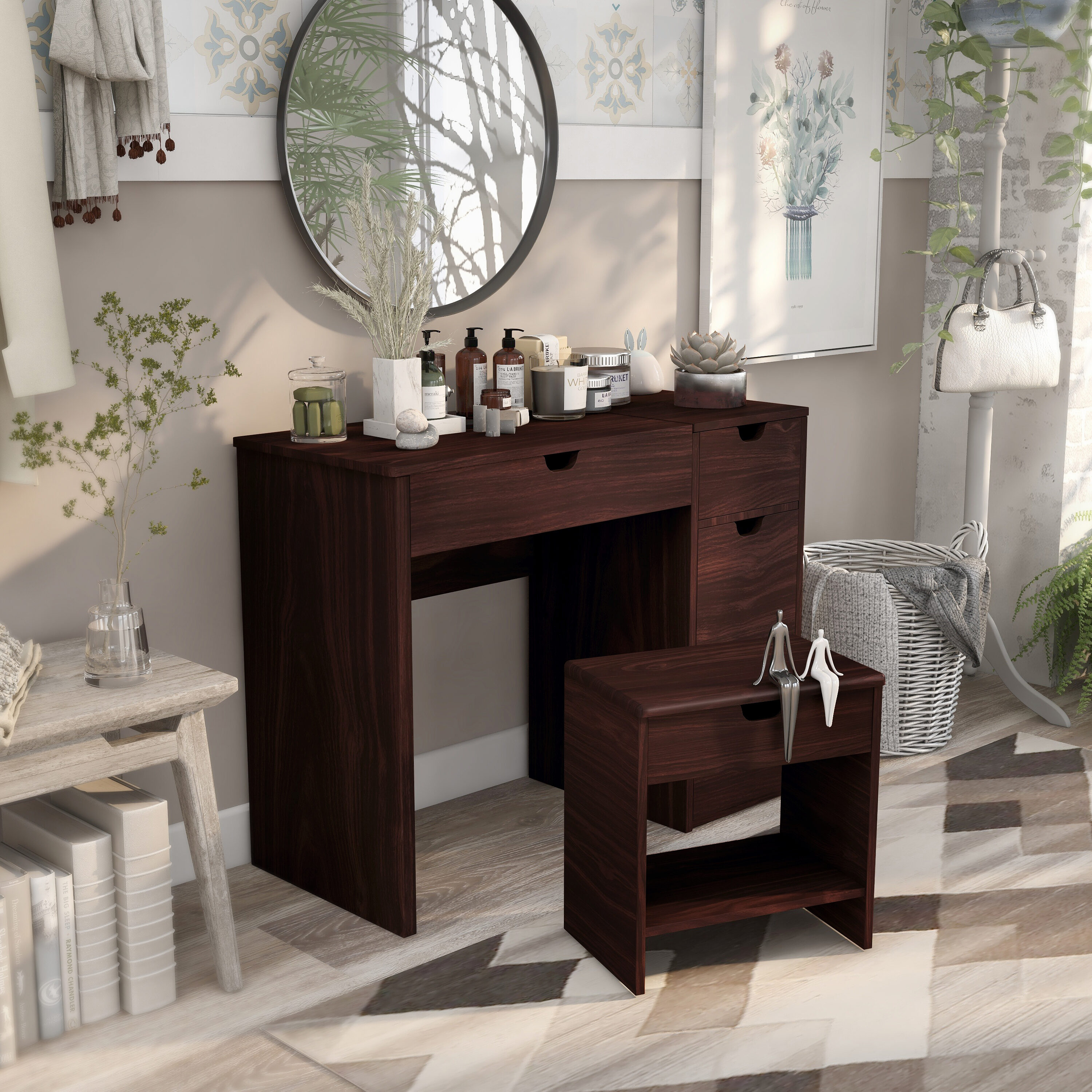 Furniture of America YNJ-317-4 27.88-in Walnut Makeup Vanity