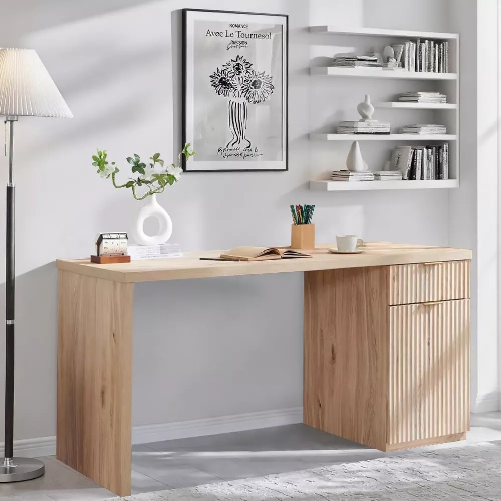 OKD 60Inch Executive Desk Wood Modern Home Office Desk with Drawer  Cabinet Fluted Computer Writing Desk for Living Room Bedroom