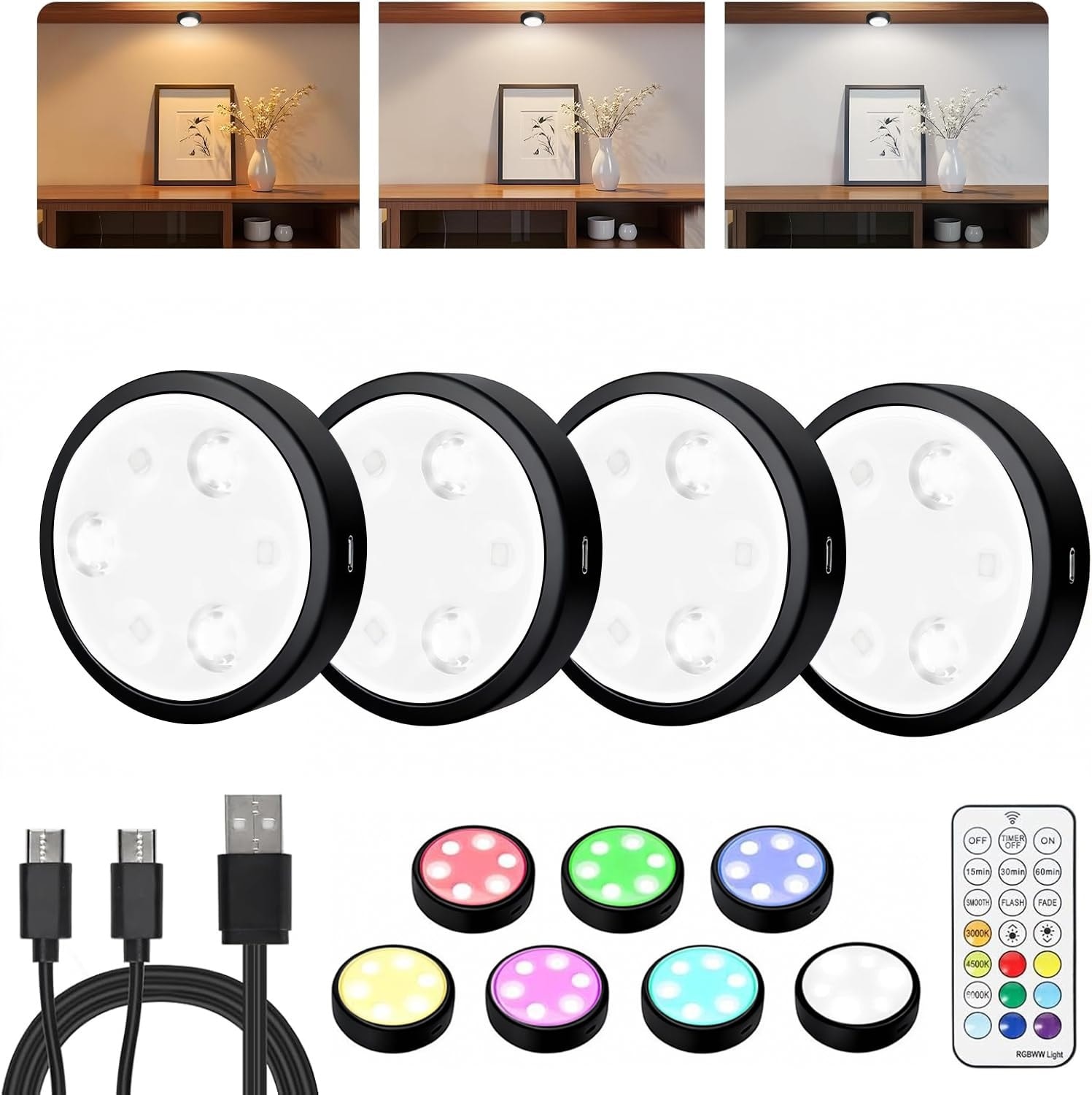 Vrbgify  Rechargeable Puck Light 1 Pack RGB and White Color Modes Remote Control Magnetic Mount Under Cabinet Closet Kitchen Shelf Lighting