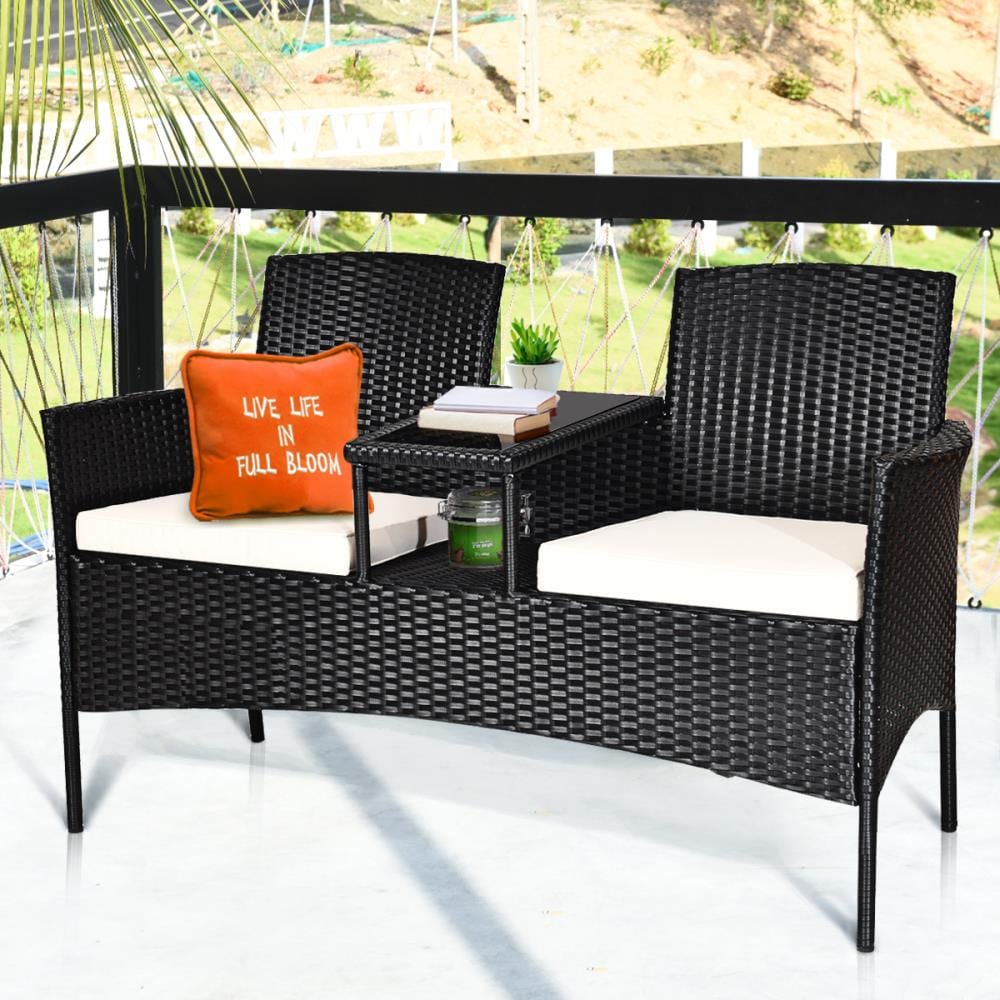 Black Rattan Outdoor Loveseat with Cushions and Glass Table