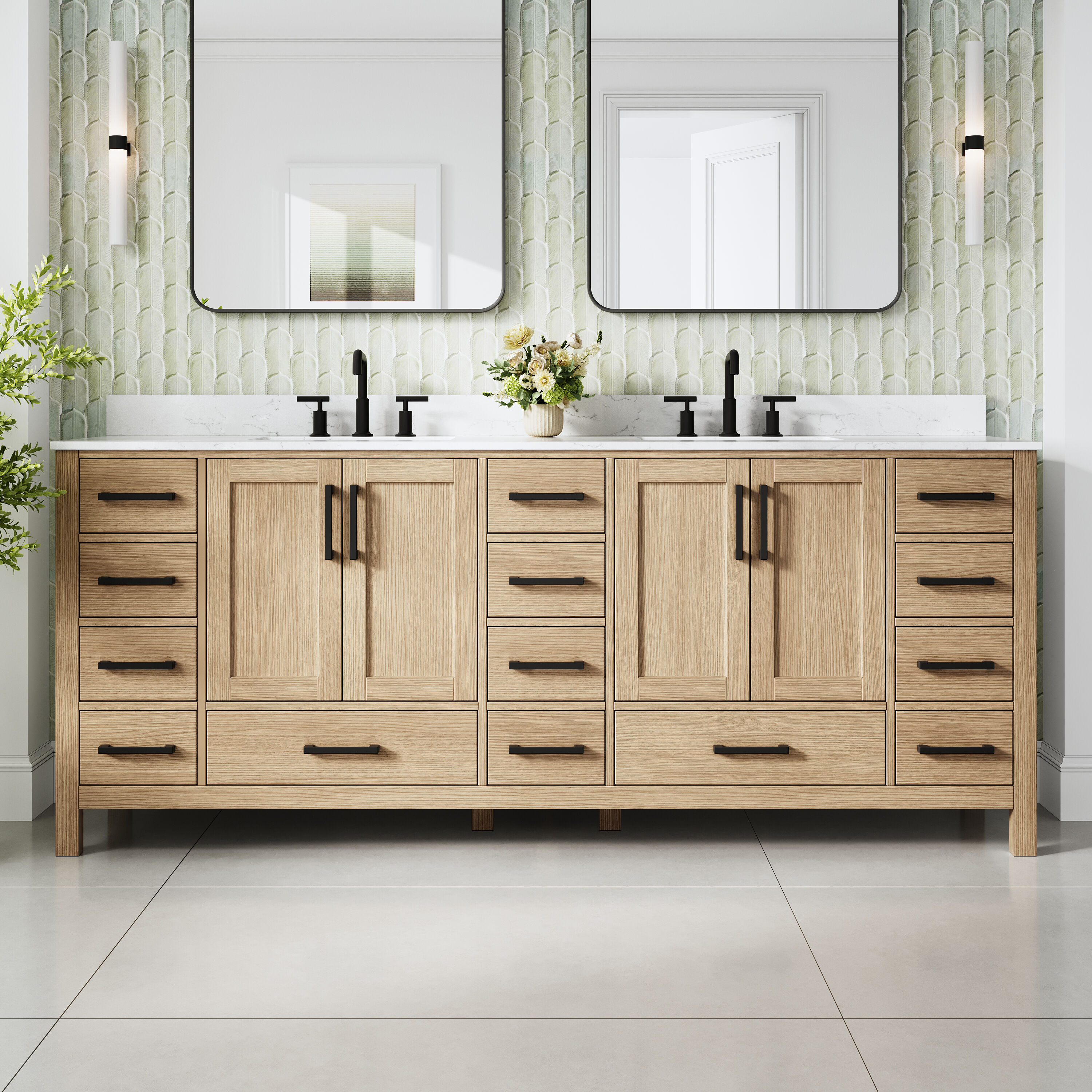 ANGELES HOME  84-in OAK Double Sinks Bathroom Vanity with Carrara Cultured Marble Top (Fully Assembled)