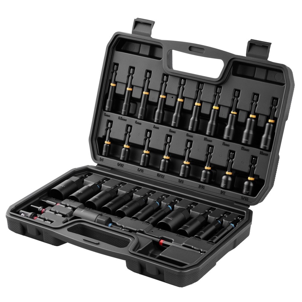 YOSIMFUR 34 Piece Master Magnetic Impact Nut Driver Set Metric and SAE Sizes Includes Nut Setter Quick Release Extension Wing Nut Driver with Hard Storage Box Multipurpose Tool Kit for Automotive Machinery and DIY Repair Projects #DO-D01027R35ZX