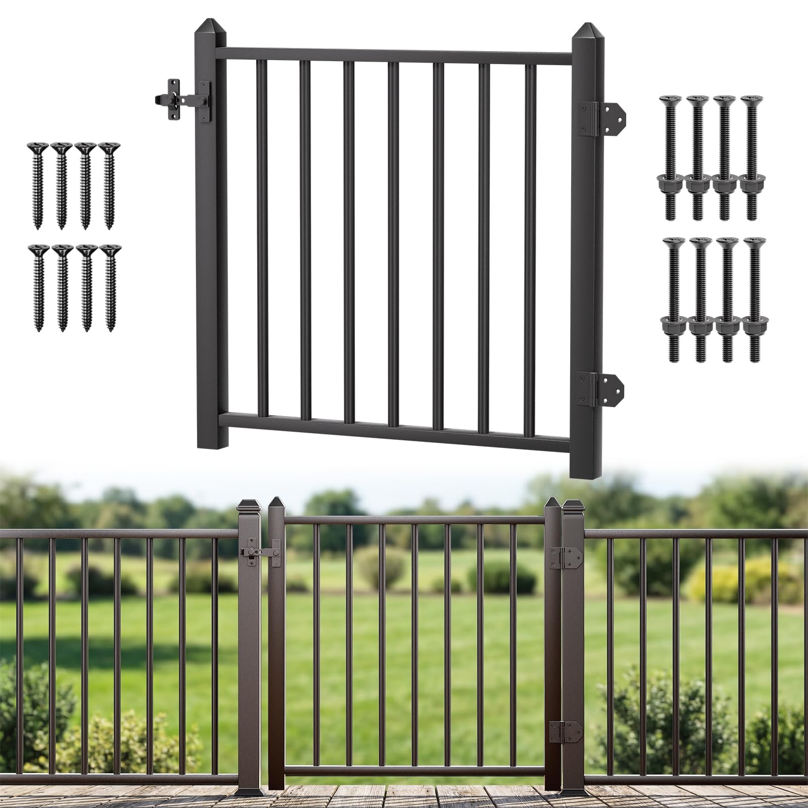 Misopily  Deck Fence Gate Integrated Welding Stainless Steel Black Powder Coat Finish 36.2 in Wide 32.4 in High Outdoor Gate with Latch for Deck