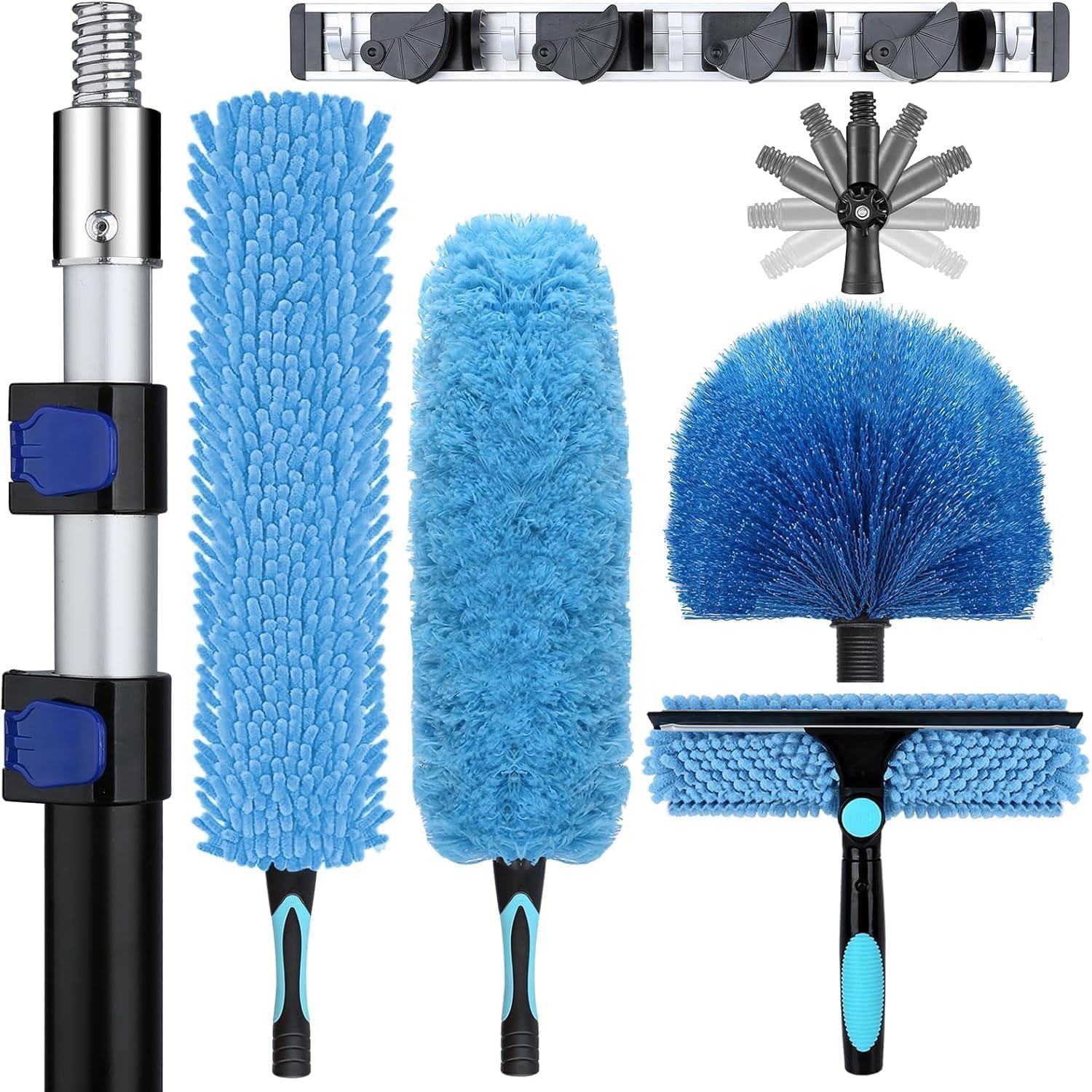 Afoxsos 20ft High Ceiling Duster Kit 5 to 12ft Heavy Duty Extension Pole 5 Piece Set Includes Fan Blade Cleaner Cobweb Remover Window Squeegee