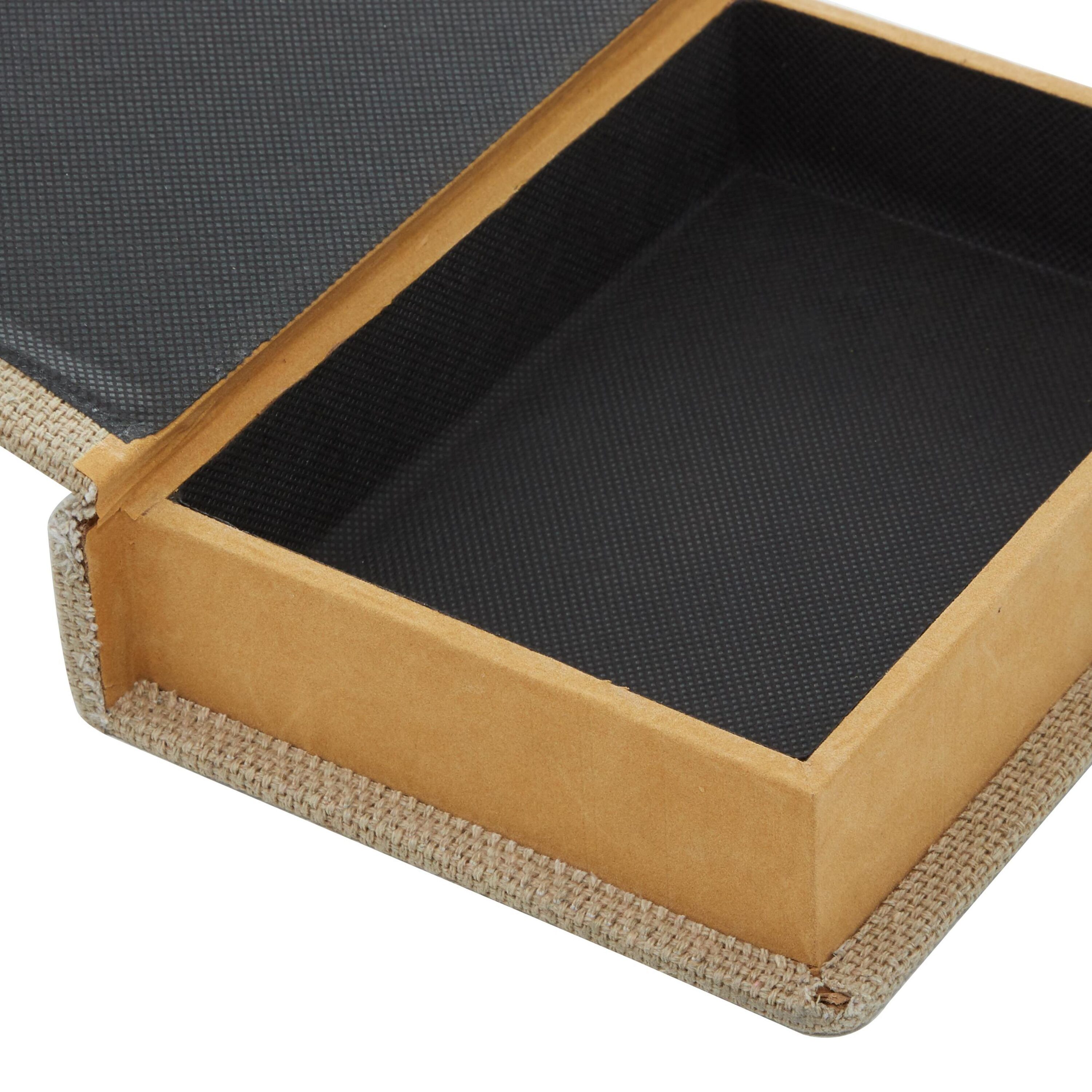 Set of 3 Beige and Brown Burlap Faux Leather Book Boxes