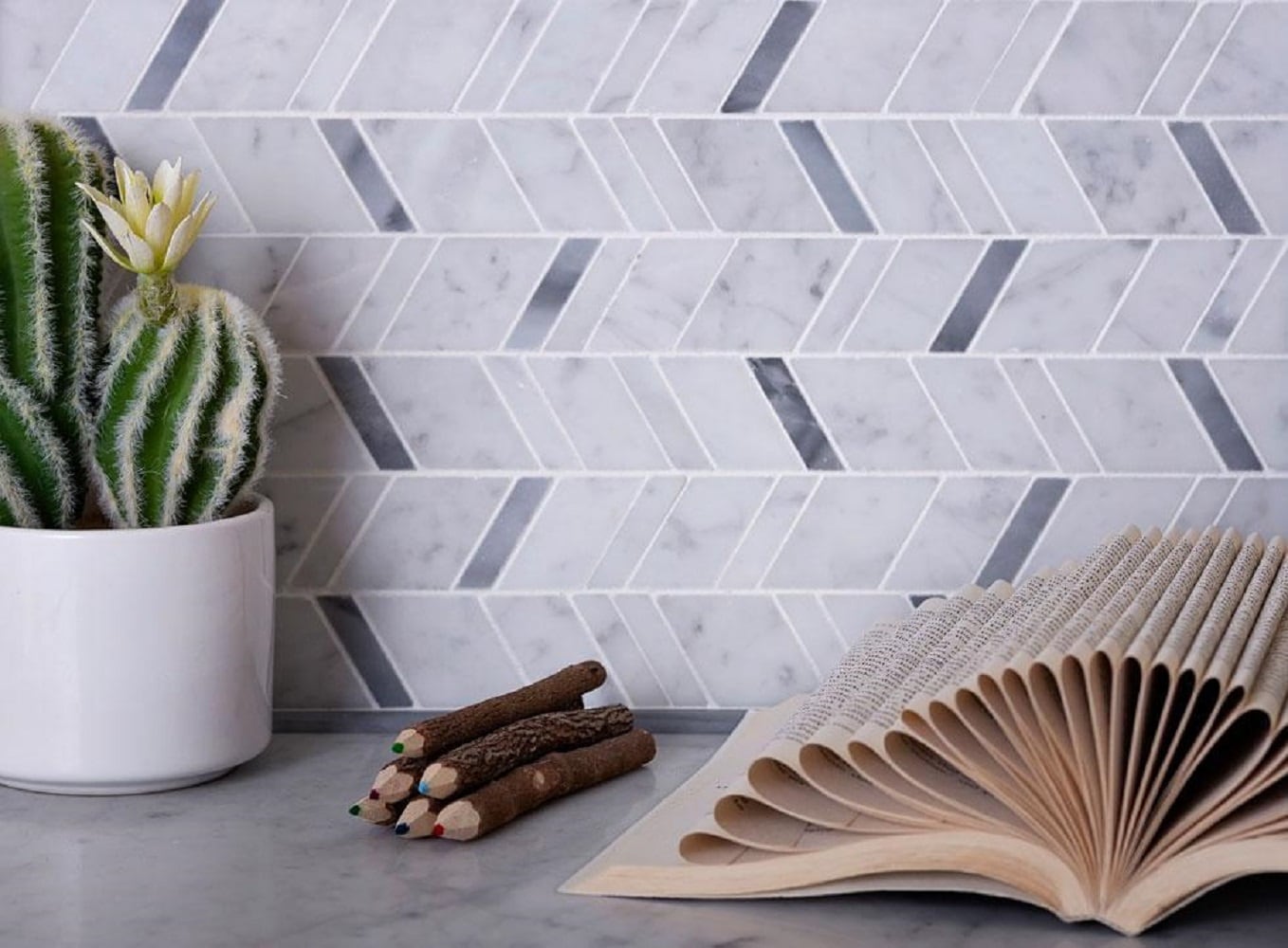 Apollo Tile (Sample) Floor and Wall Tile Gray and White 4-in x 4-in Polished Marble Herringbone Patterned Floor and Wall Tile