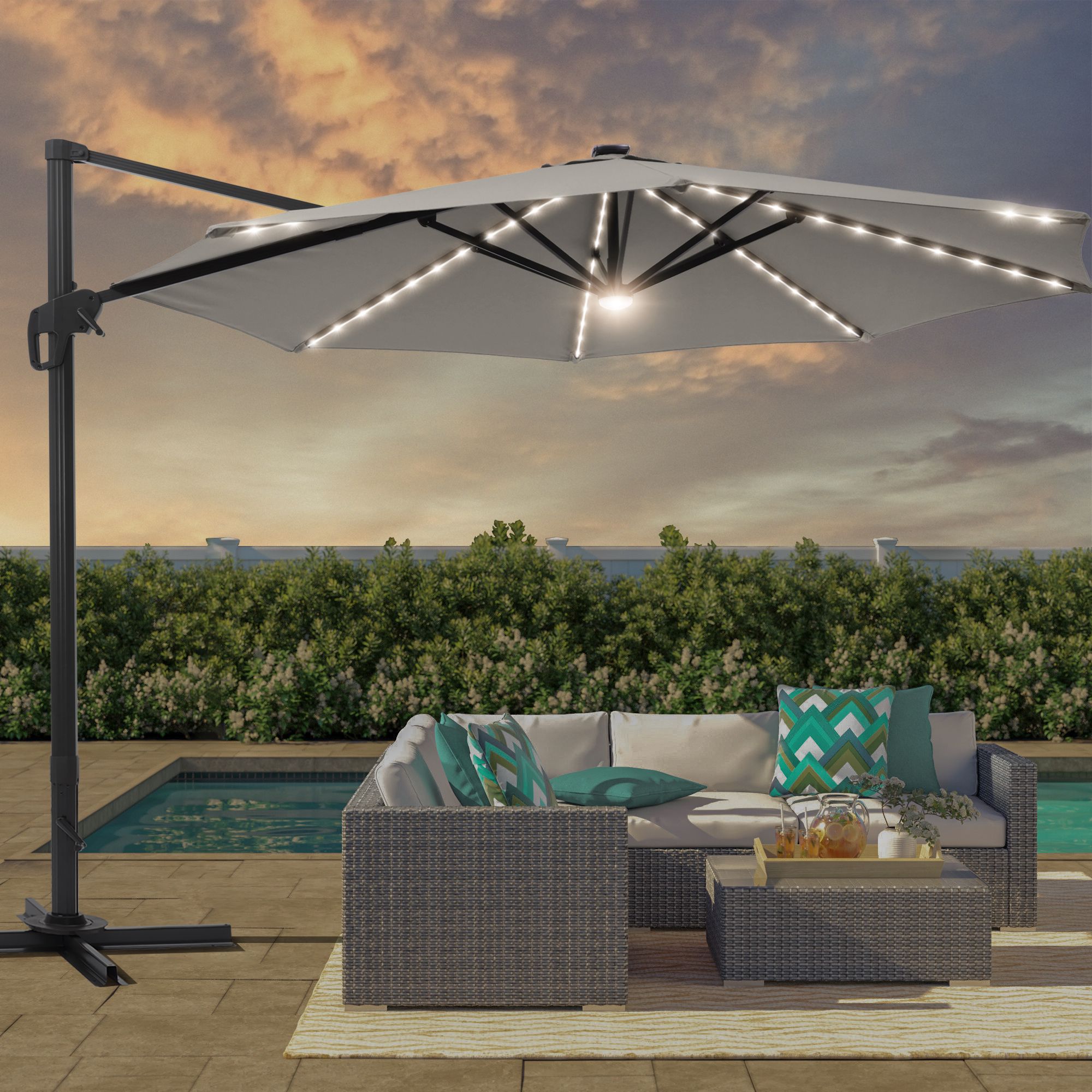 Sonkuki SD-132GY-LED 11-Feet Aluminum Gray No-tilt Cantilever Patio Umbrella with Lights and