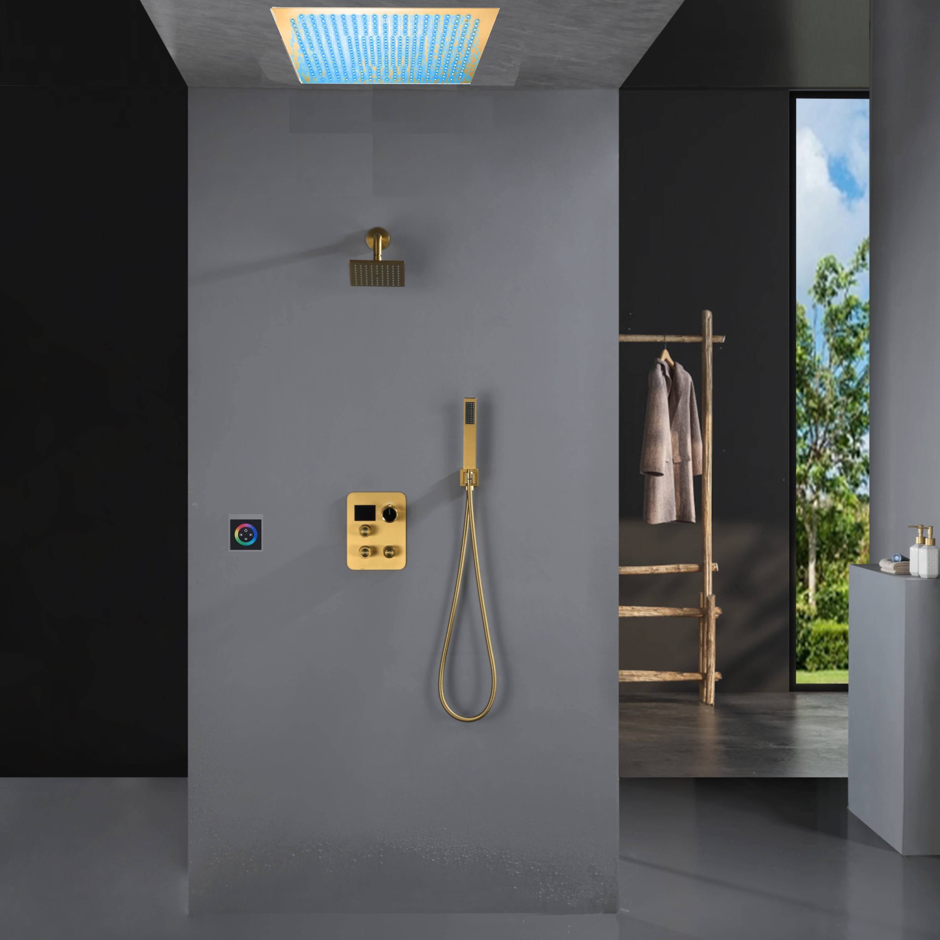 Wonderland America  16 Inch Brushed Gold Flush Mount Shower Faucet Set with 3 Way Digital Thermostatic Control 64 Color LED Lights and Single function