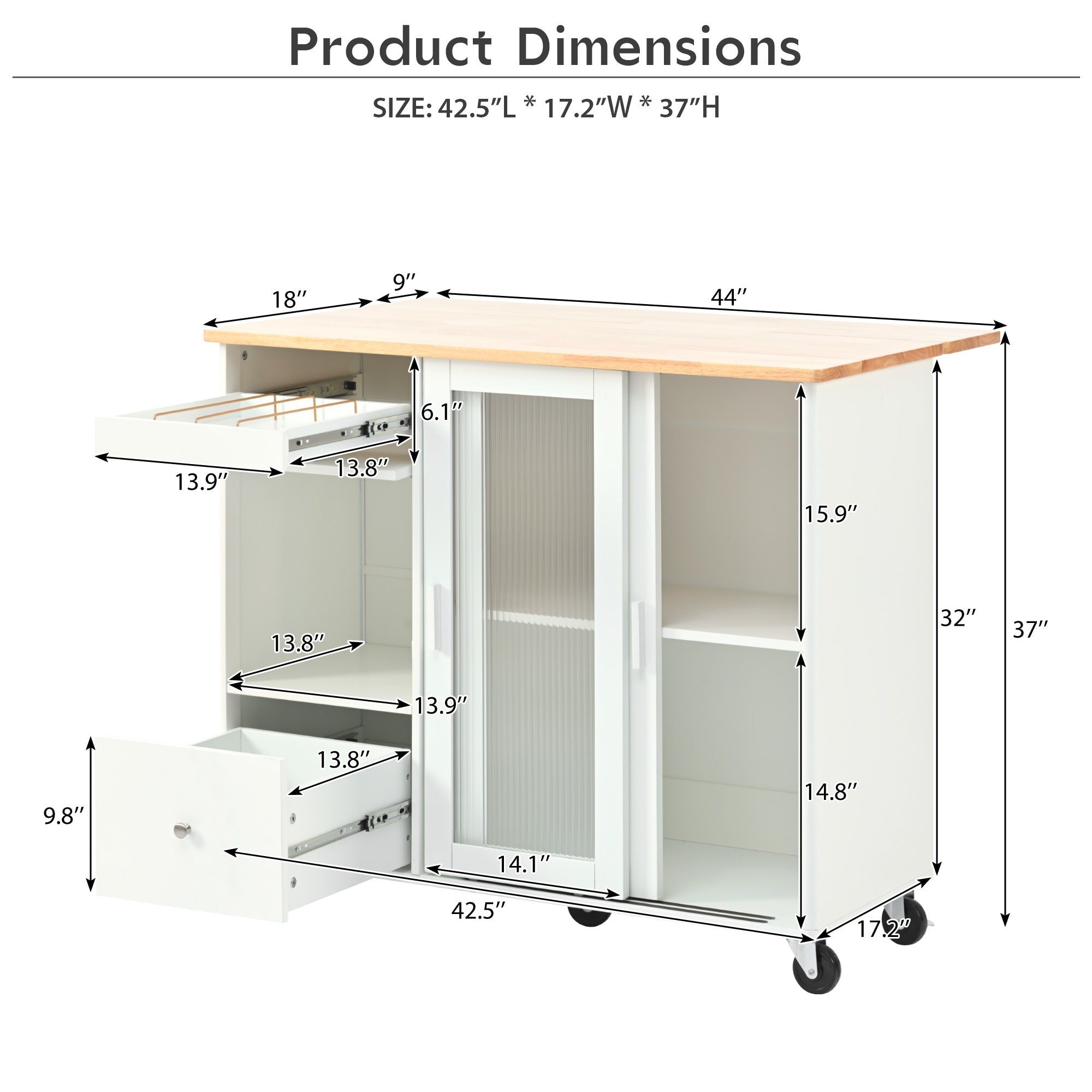 Kahomvis White Mdf Base with Wood Top Rolling Kitchen Island (18-in x 44-in x 37-in)