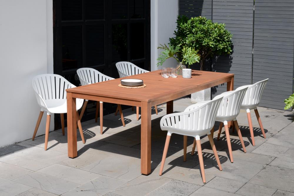 Amazonia ALA6CANNWHTP  Eucalyptus 7 -Piece Brown Patio Dining Set Wood Rectangle Table with 6 Brown Stationary Chairs