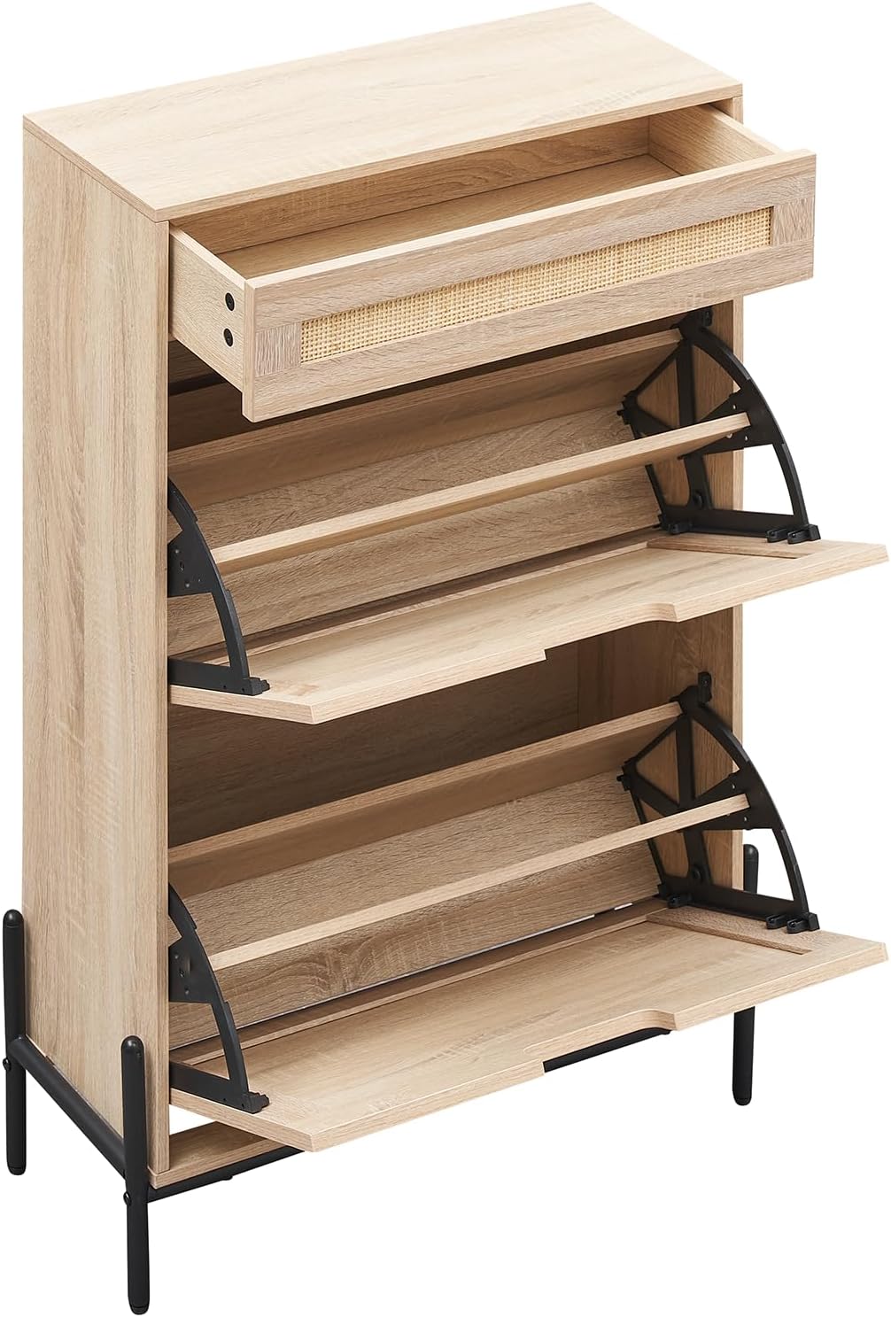 WhizMax IWAN-PHO-0Y1U0RDN Natural Rattan Shoe Cabinet with 2 Flip Door and 1 Drawer Freestanding Shoe Storage Organizer Modern Narrow Shoe Rack with Adjustable Shelves for Entryway Hallway Oak
