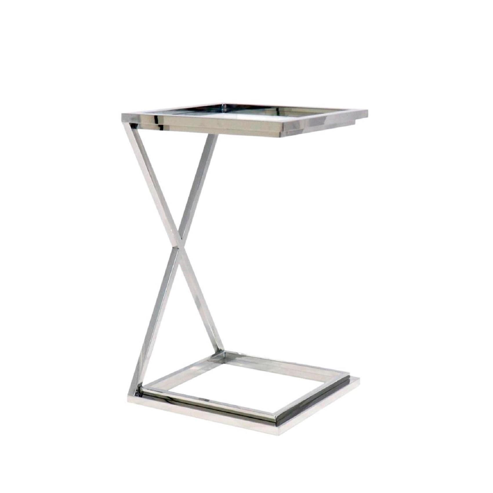 Pasargad Home JJ-1077 Decked out in a chic finish, the angled metal base is striking from every angle. The coylin square end table is topped off with a clear glass top with steel edging for a completely modern look