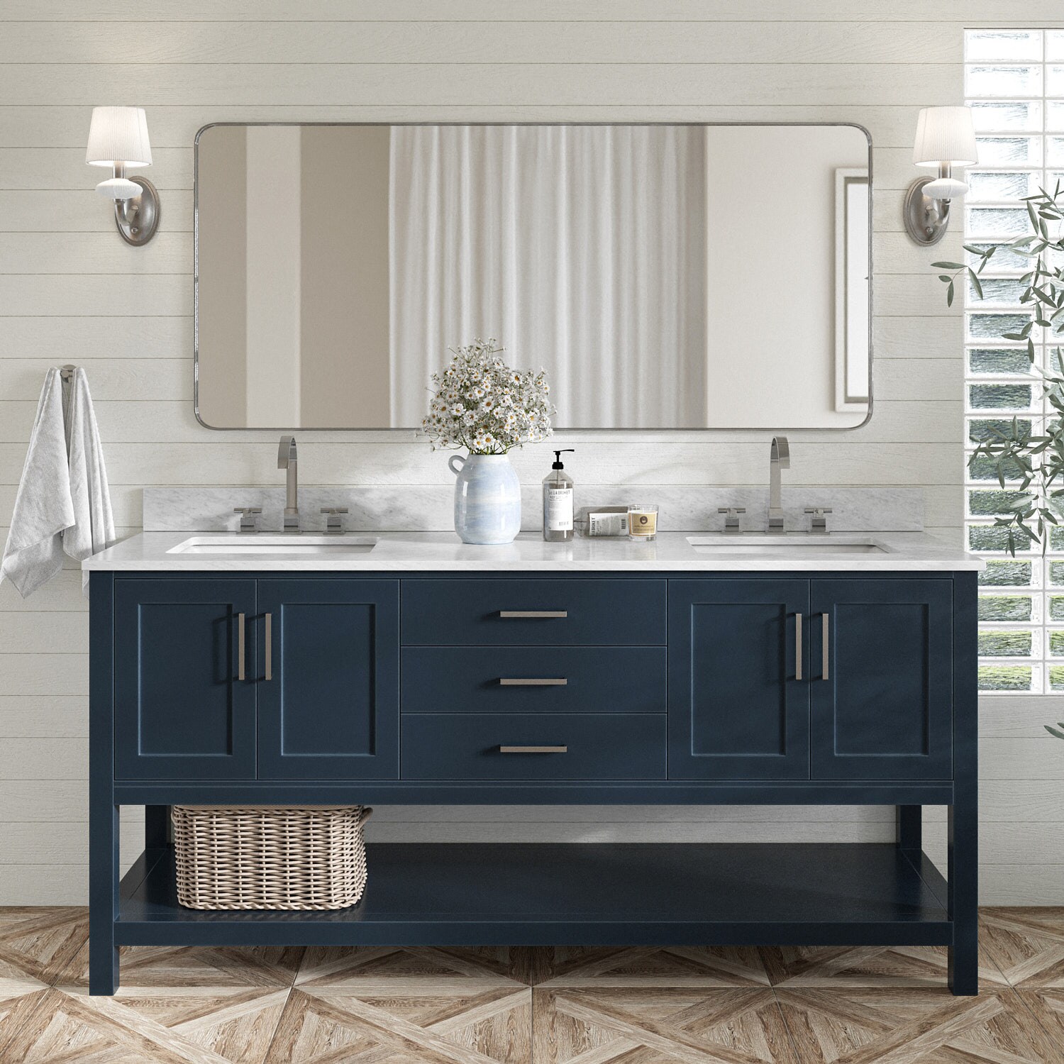ARIEL S073DCW2RVOMNB Magnolia 73-in Midnight Blue Undermount Double sink Bathroom Vanity with 0.75" Carrara White Marble Natural marble Top