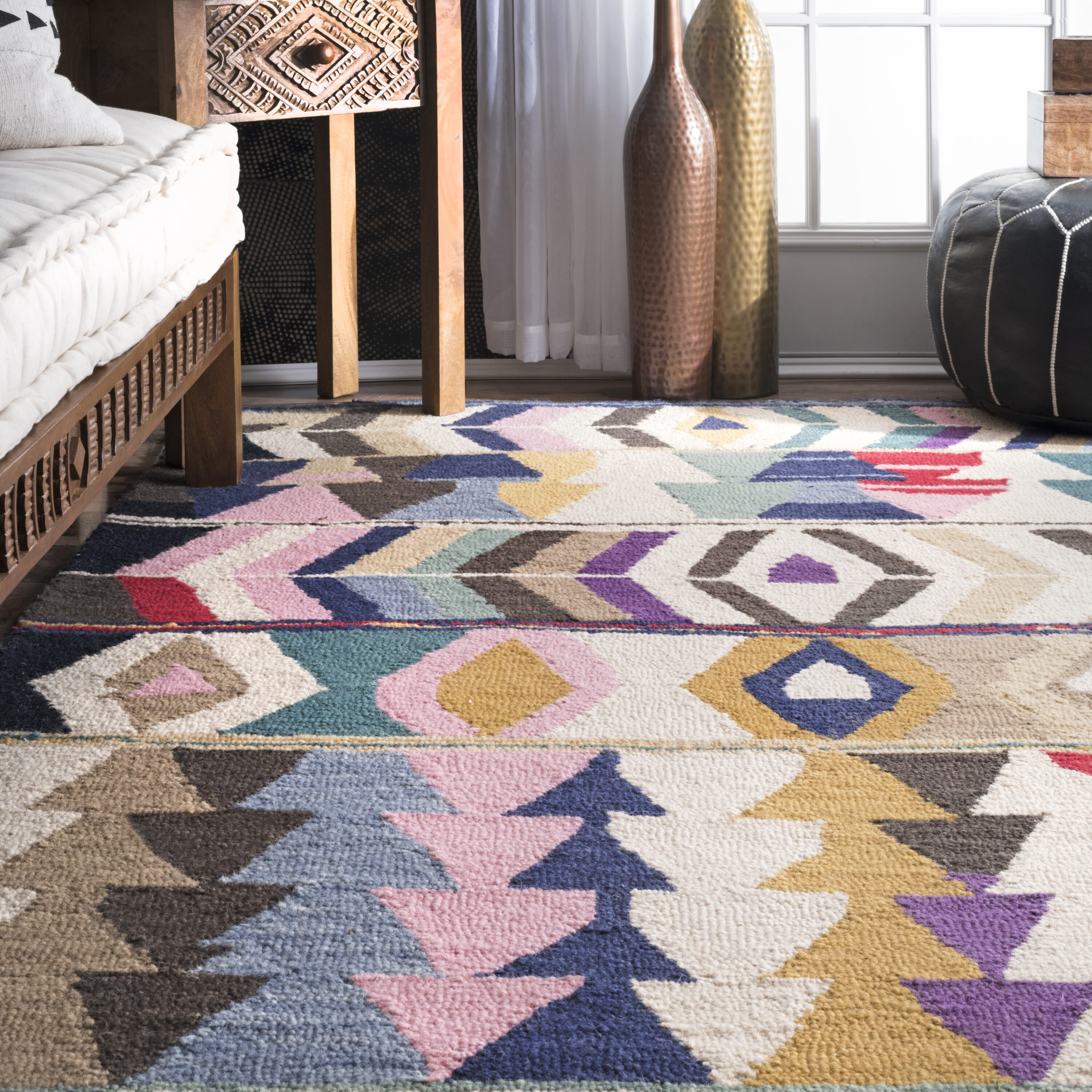 Ivory Geometric Handmade Tufted Wool Rectangular Rug 4' x 6'