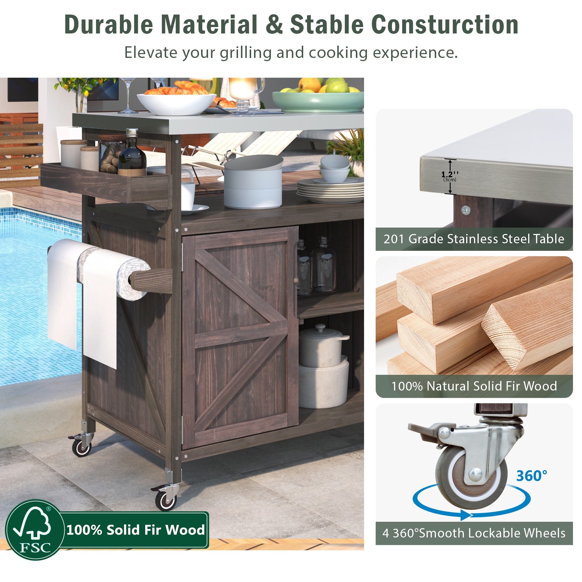 BABOOM Brown Wood Base with Stainless Steel Metal Top Rolling Kitchen Island (18.5-in x 50.25-in x 36.3-in)