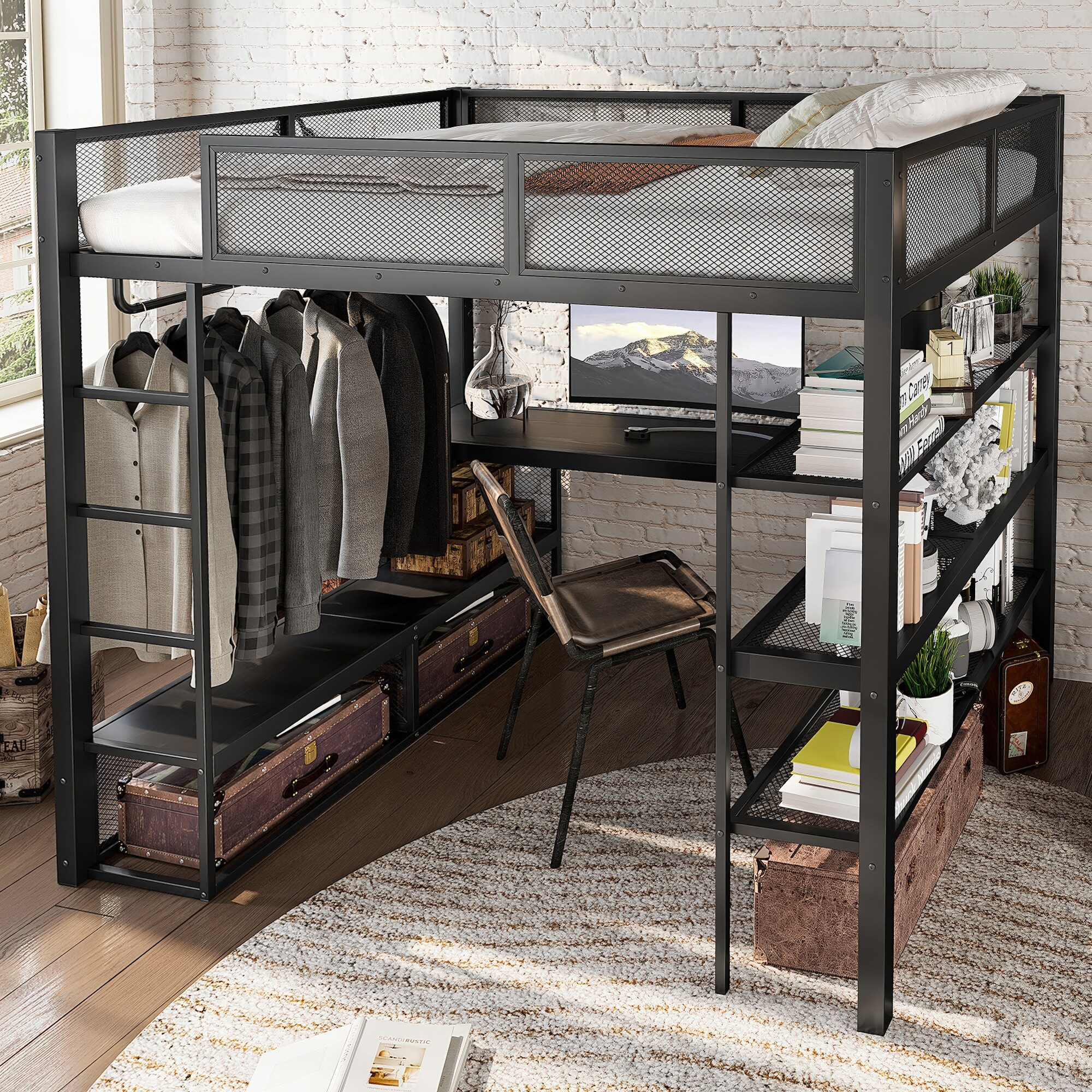 Bellemave Black Queen Size Metal Loft Bed with Desk Storage Shelves ...