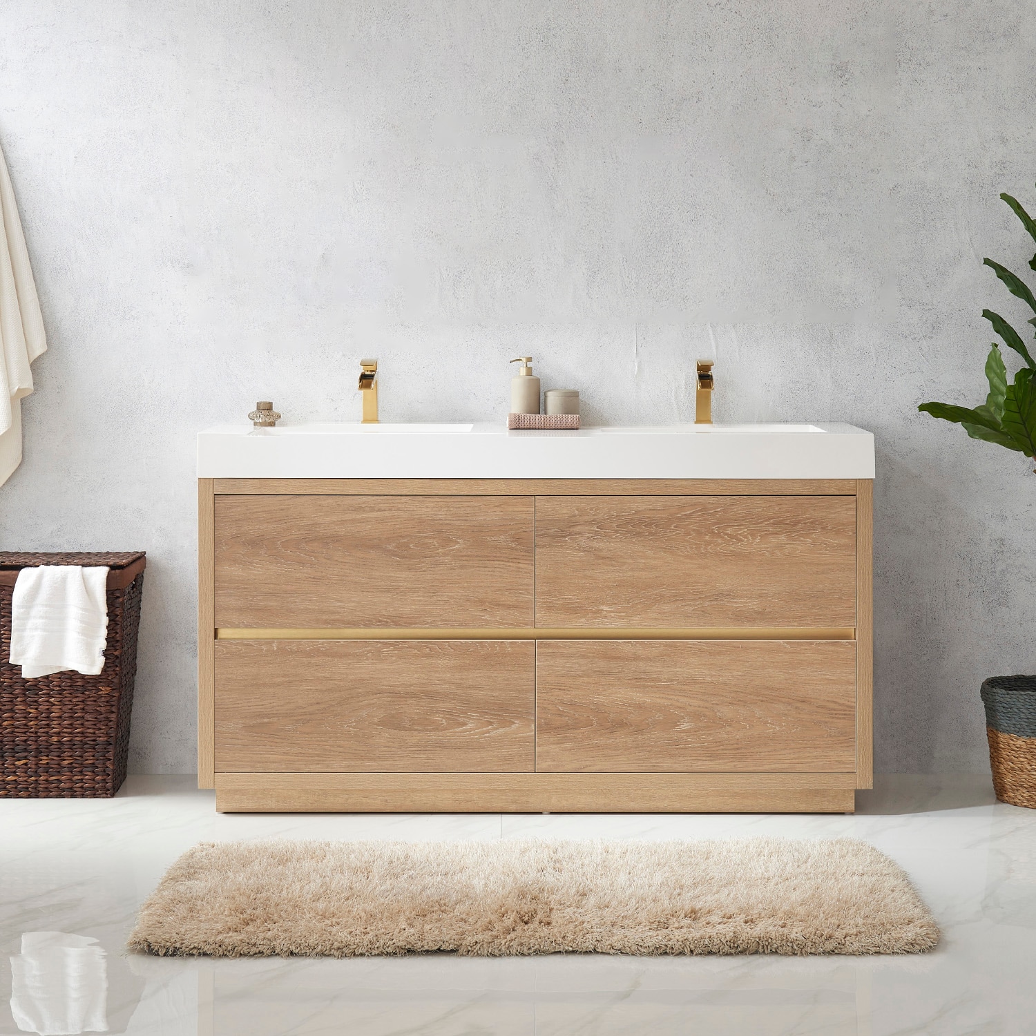 Huesca 60-in North American Oak Finish Double Sink Bathroom Vanity with White Engineered Stone Top in Brown | - Vinnova 703060M-NO-WH-NM