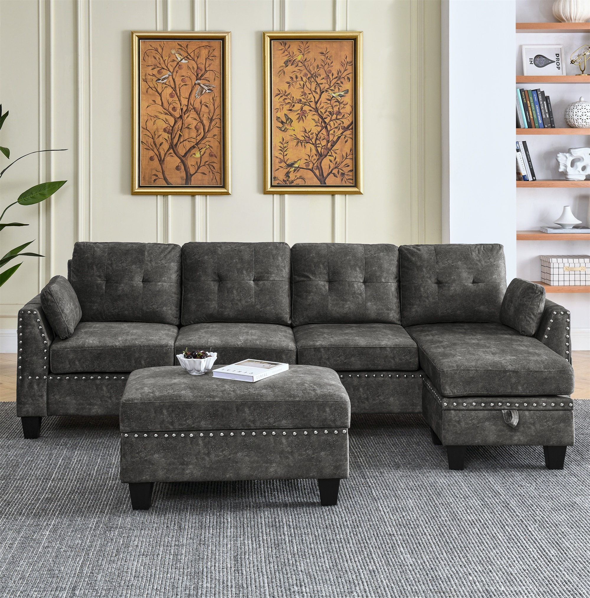 BABOOM BOM-S00236-OR multi-functional Sectional Sofa 101.5-Inches Modern DARK GREY Velvet 4 -seater Sectional arm