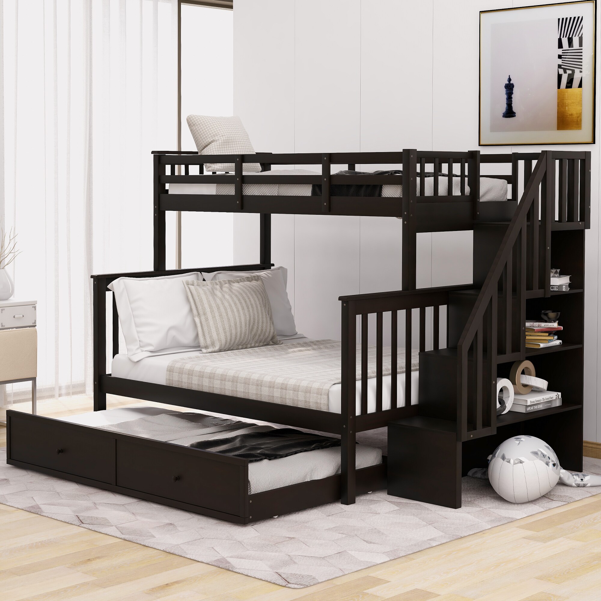 ModernLuxe LT000119AAP-1 TwinOverFull Bunk Bed with Twin size Trundle Storage and Guard Rail for Bedroom Dorm for Adults Espresso