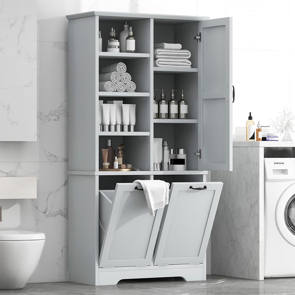 JUJABU ZJBATHCABINET-3 Gray Bathroom Storage Cabinet with Doors and Drawers Tilt-Out Laundry Hamper Freestanding Style Open Shelve Adjustable Shelf