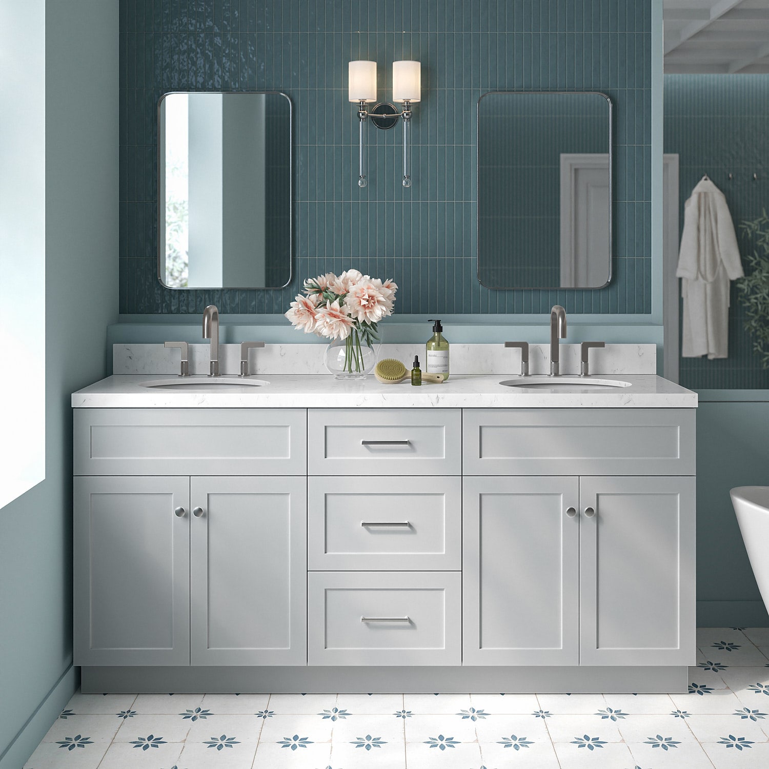 ARIEL F072DCQOVOGRY Hamlet 72-in Gray Undermount Double Sink Bathroom Vanity with Carrara White Quartz Quartz Top