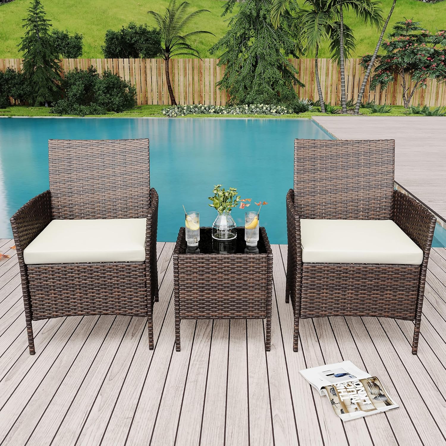 Qeetex LHF-DYQ-PHO-34ULW998 3 Piece Patio Set PE Rattan Patio Conversation Set with 2 Chairs and 1 Coffee Table Outdoor Patio Furniture Set for Patio Front Porch Balcony Bistro - Brown