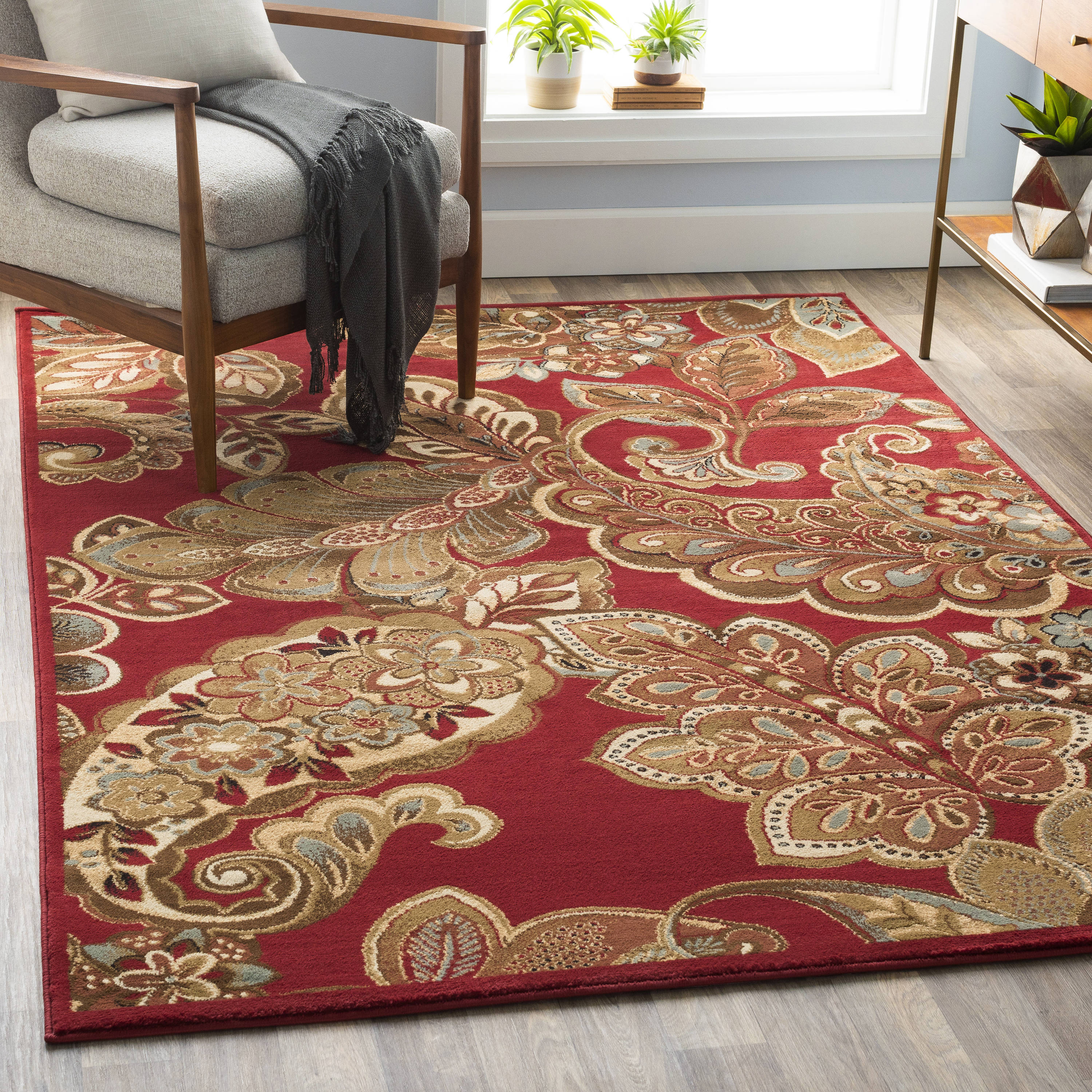 Riley Red Floral Synthetic Stain-Resistant Area Rug