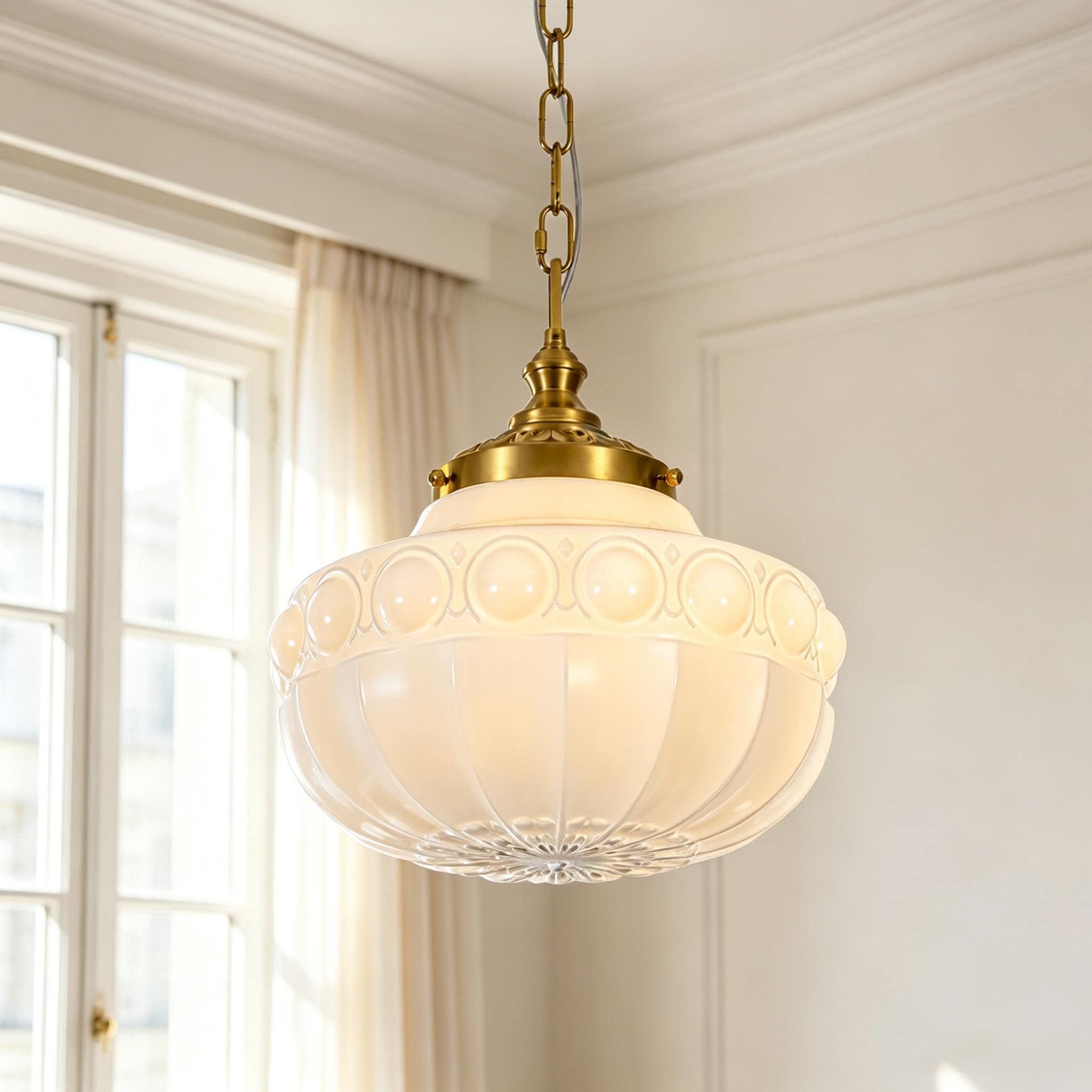 Rennnsan - Jamison Cream-Style Milky Glass 1 -Light Brushed Brass Mid-century White glass Globe M...