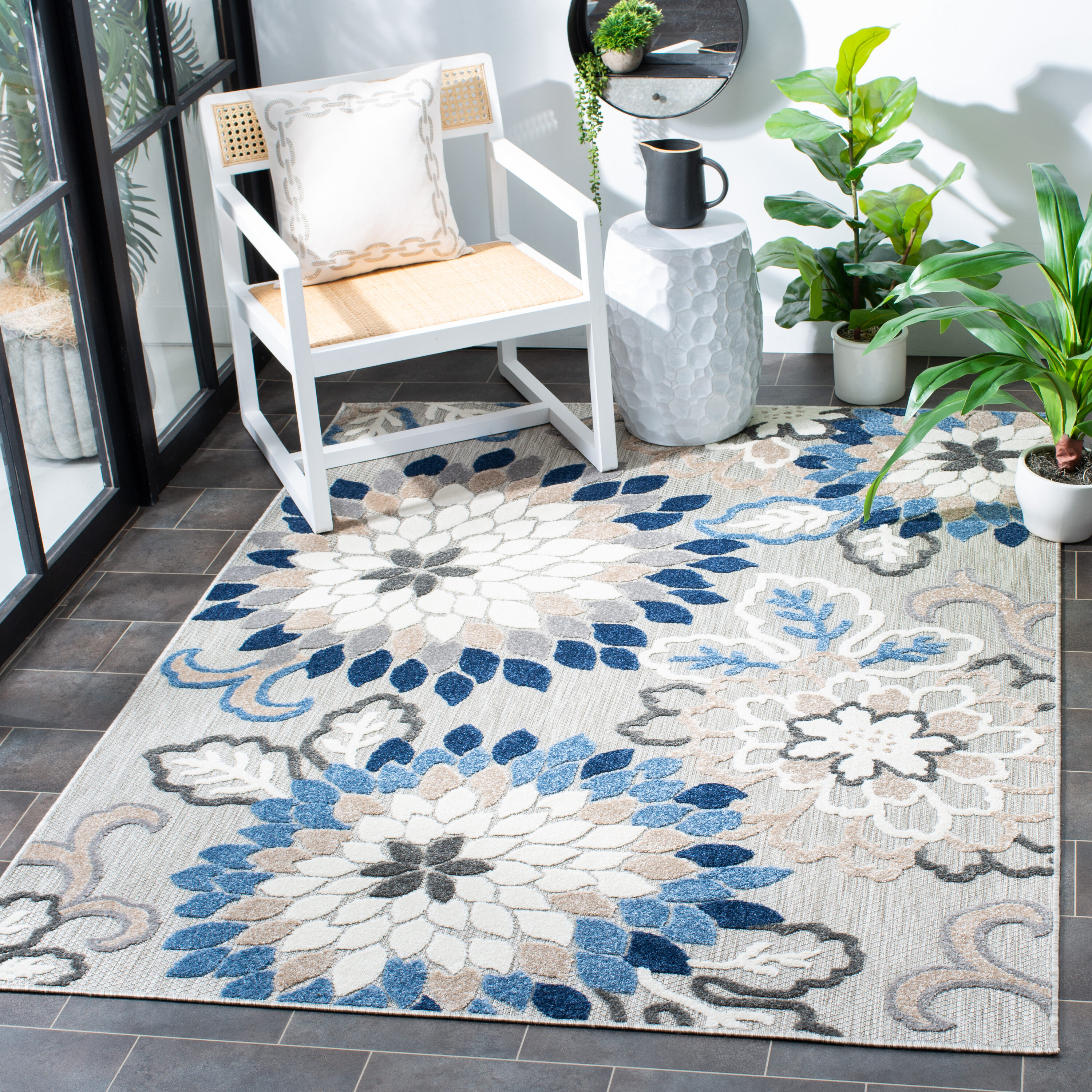 Safavieh CBN391F-7SQ Cabana 7 x 7 (ft) Loomed Synthetic Gray/Blue Square Indoor/Outdoor Floral Tropical Area rug