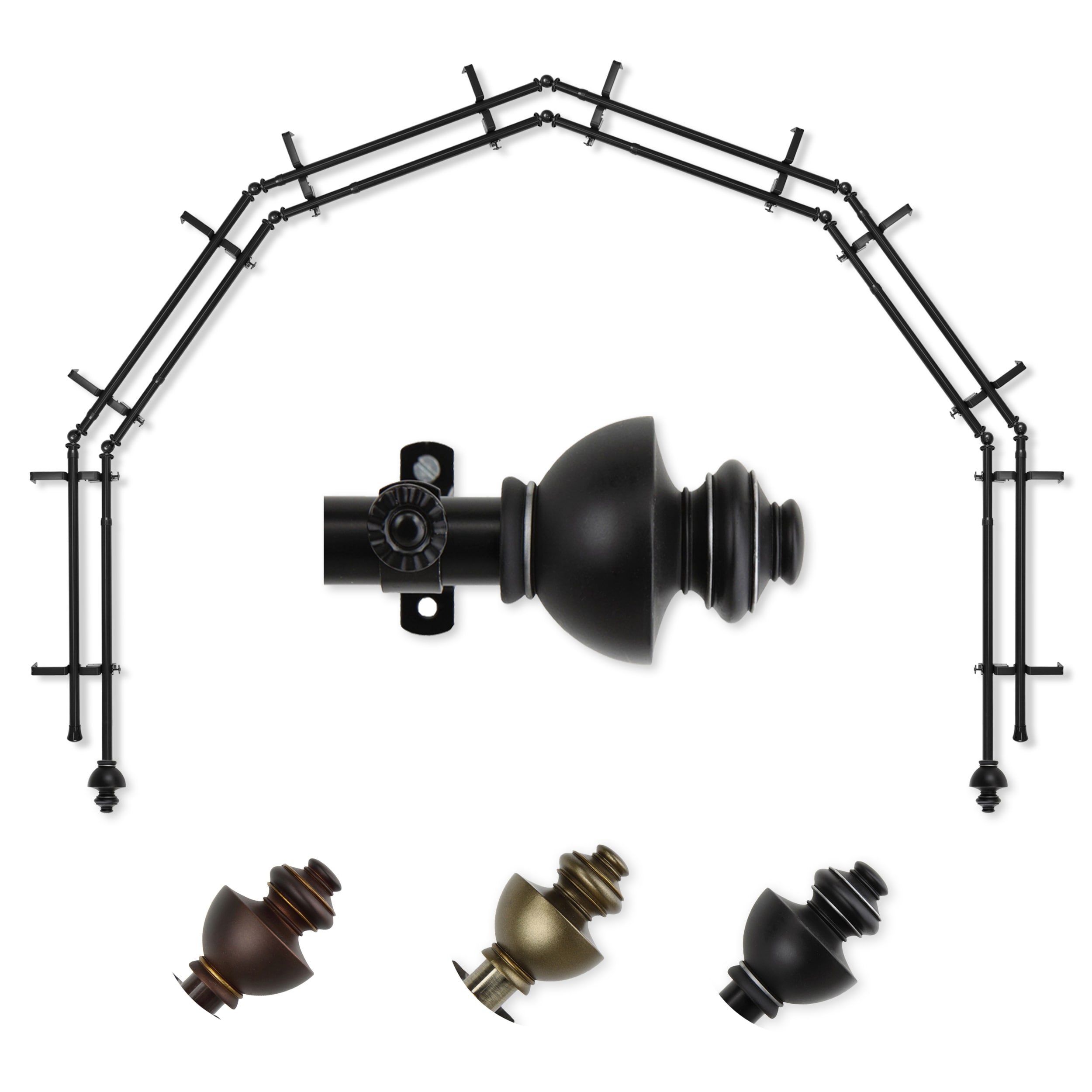 Hart & Harlow L-6BAY-04-2D Ornate 6-Sided Double Bay Black Steel Bay window curtain rod with Finials