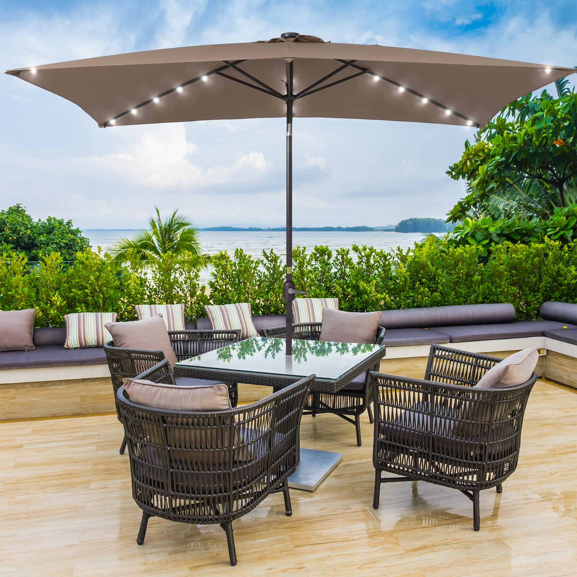 Sonkuki SD-312TP-LED 10-ft Steel Tan Push-button Tilt Market Patio Umbrella with Lights