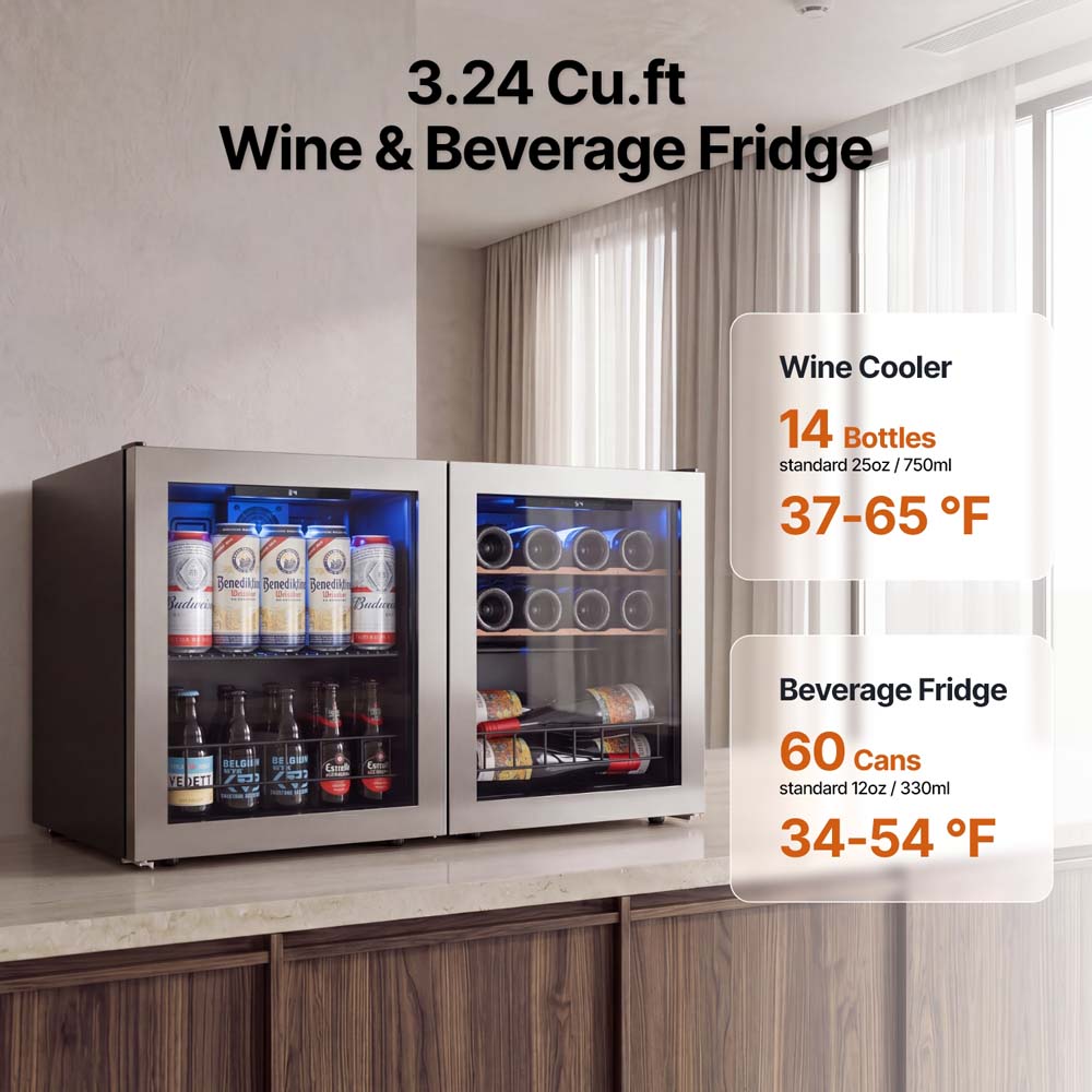 Ca’Lefort 33.8 in W Dual Zone Freestanding Wine Beverage Fridge 14 Bottles and 60 Cans Wine Fridge Beverage Cooler Combo With Reversible Door 3 Color LED Light Quite Fast Cooling Wine Beverage Refrigerator Sansujyuku sansujyuku.com