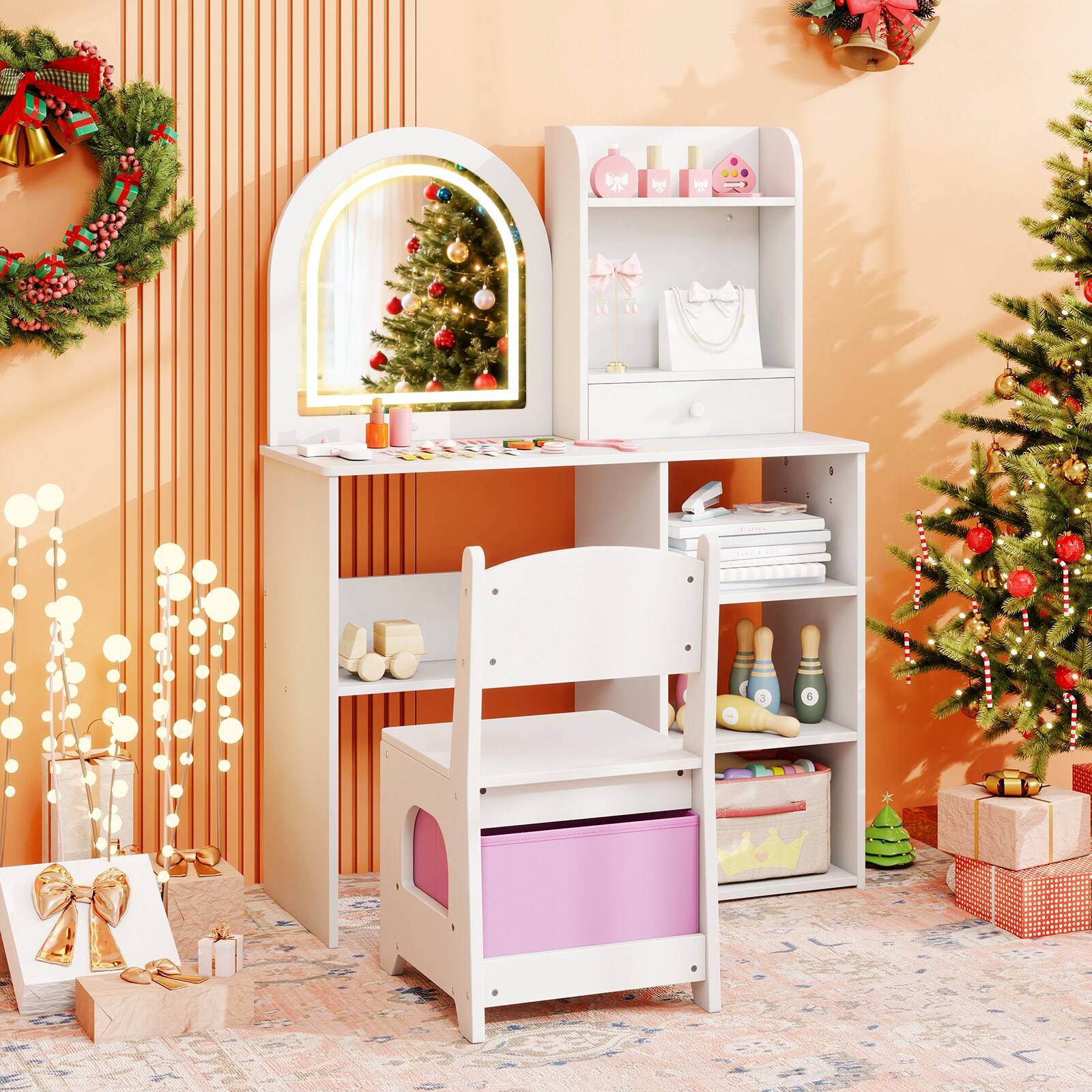 Slickblue Kids Pink/White Makeup Vanity Table with LED Lighted Mirror ...