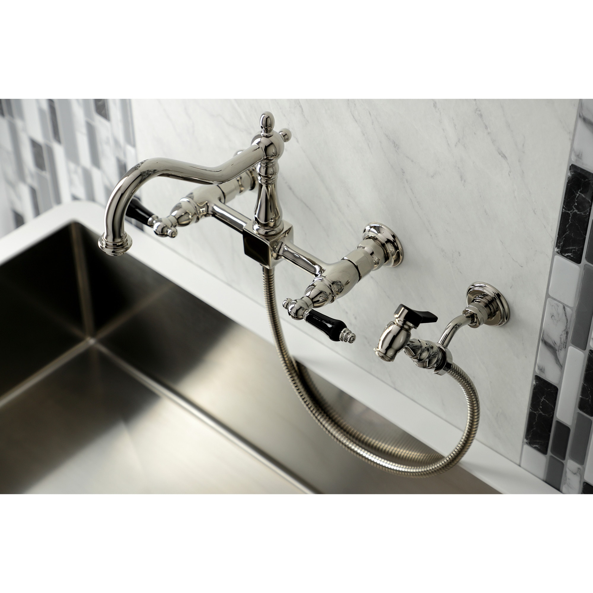 Kingston Brass WLKS1246PKLBS Duchess Polished nickel Double Handle Wall-mount Kitchen Faucet with Sprayer ( Side Sprayer Included )