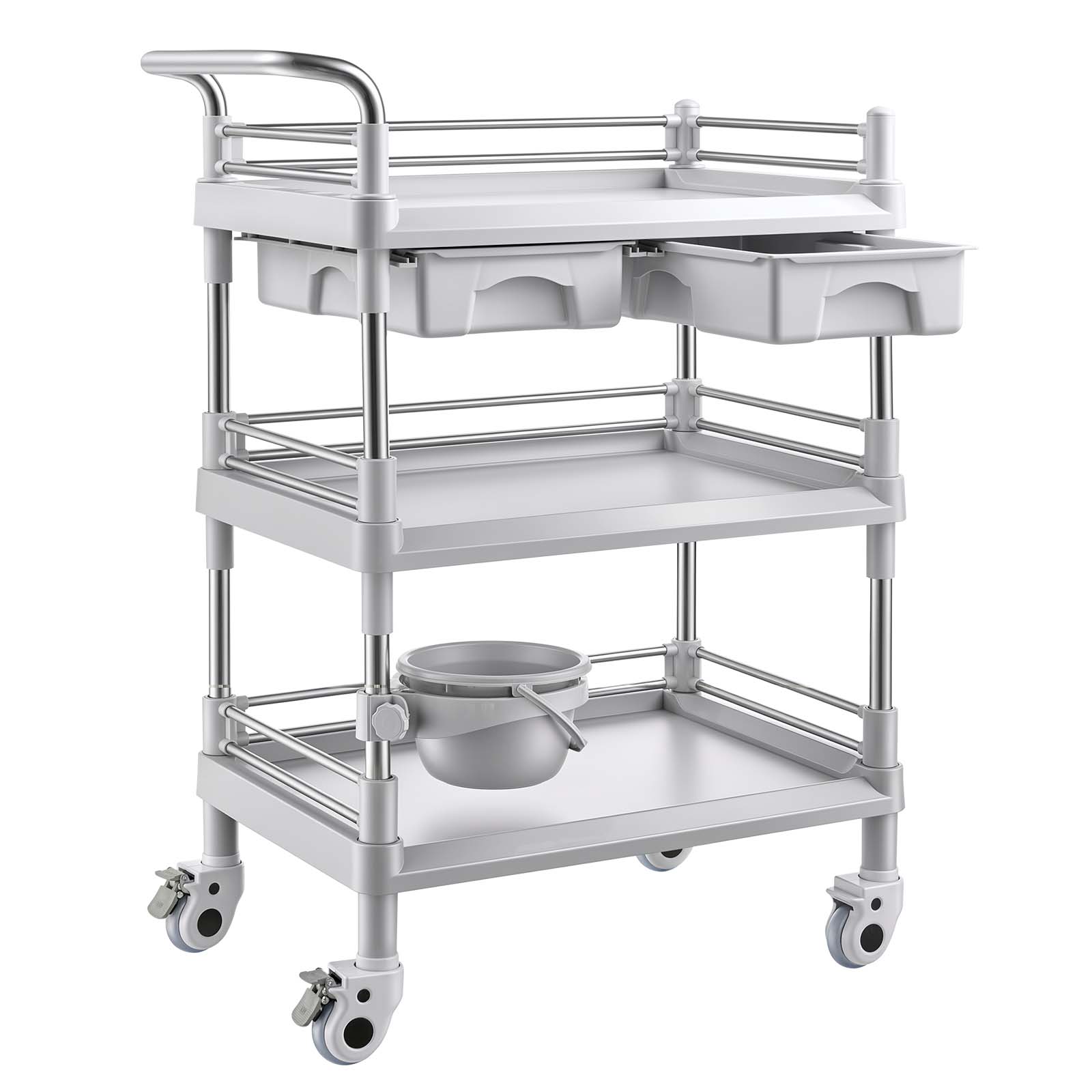 VEVOR Medical Cart Three-Tier Medical Trolley Cart with 2 Drawers 110.23lbs for Clinic Hospital Beauty Salon Lab with a Waste Tray Stable Support Medical Trolley Cart with Casters and Handle #SCYLKSYSTCJS21358V0