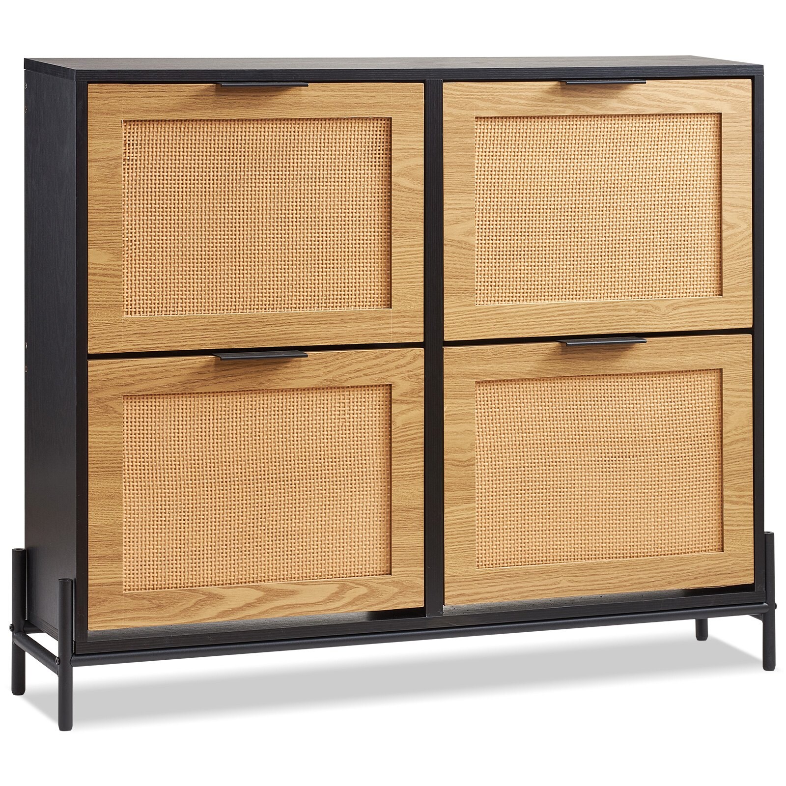 Slickblue 34.65 inch Flip Drawer Shoe Organizer Cabinet Black Brown Wood-Based Panels Rattan Style Entryway Shoe Rack with Tabletop Display Storage