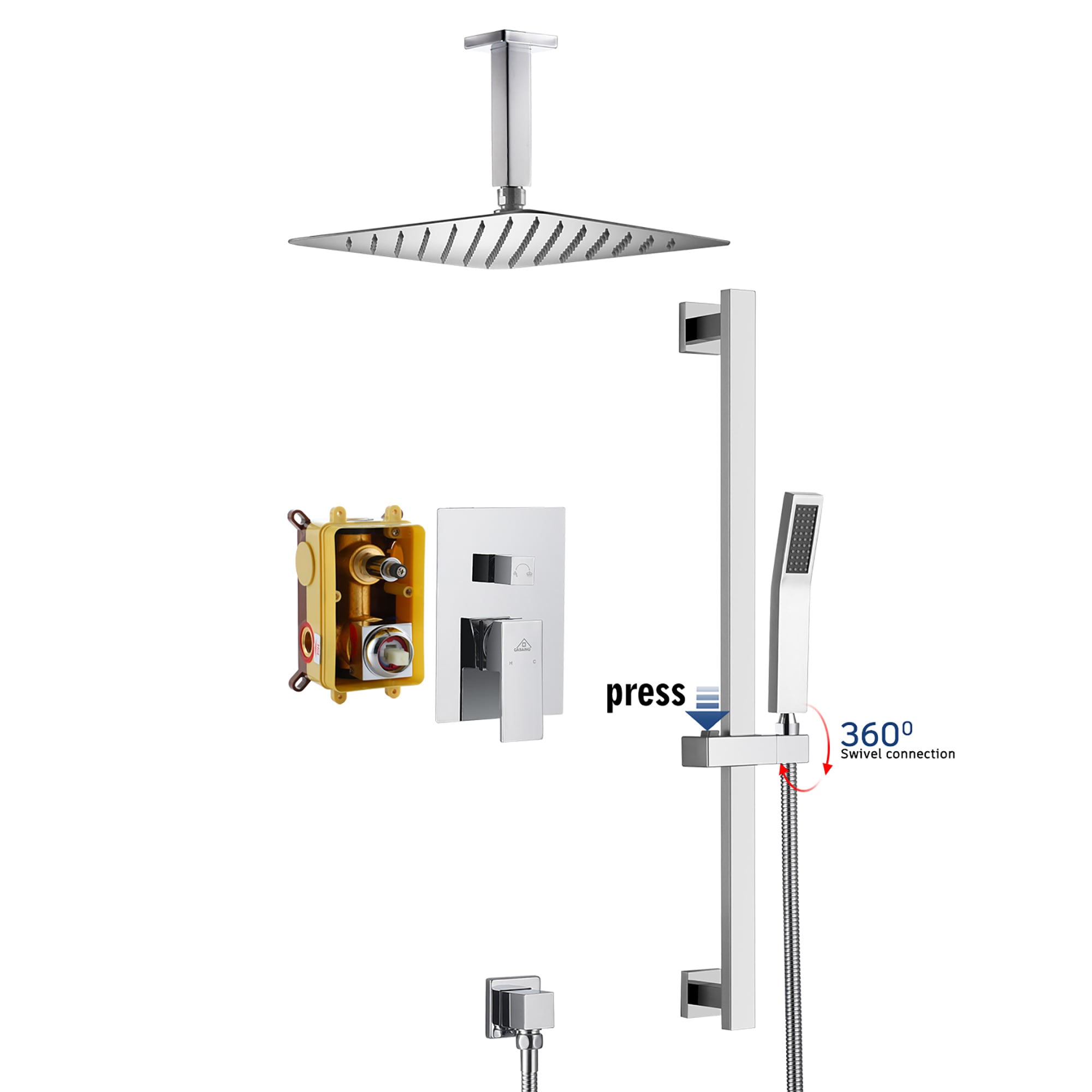 CASAINC M6627-B-10-CP Chrome 10-Inches Built-In Shower Faucet System with 2-way Diverter ( Pressure-balanced Valve Included )